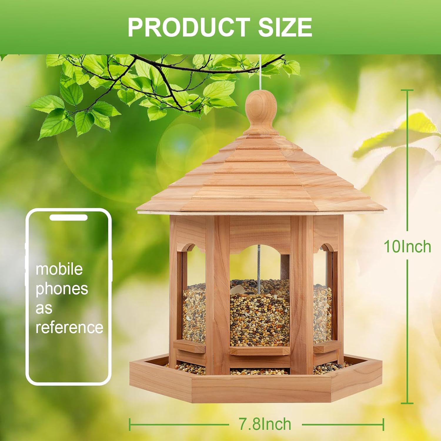 Wooden Bird Feeder for Outdoors Hanging, Red Cedar Hexagon Shaped Large Capacity, Cardinal Birdfeeder for Garden Decoration Yard, Weatherproof and Durable(Medium) - Image 3