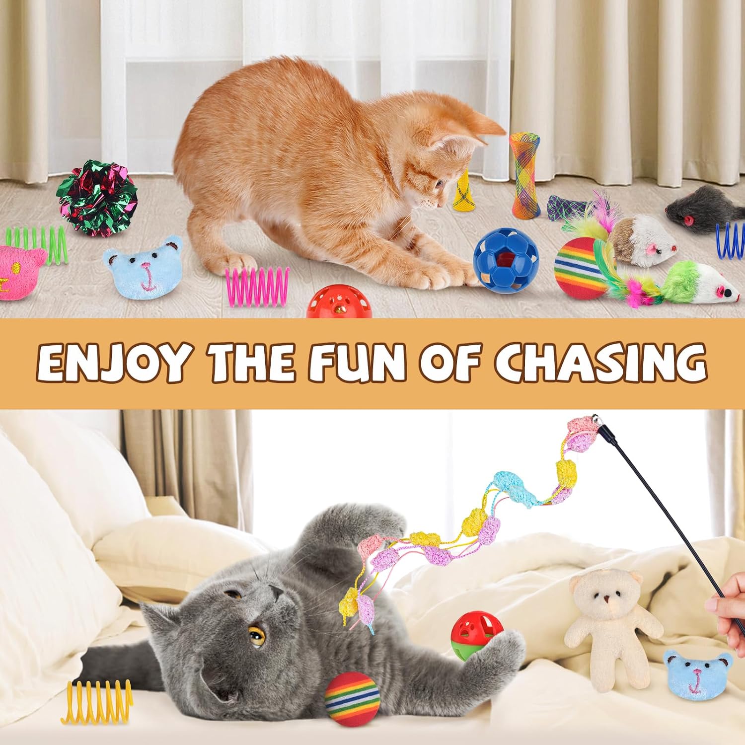 QUOZUO 30 Pcs Cat Toy Kitten Toys Set, Interactive Cat Toy Wand Cat Springs Ball Toy with Bells, Cat Toys for Bored Indoor Cats, Gift Box Styles - Image 5