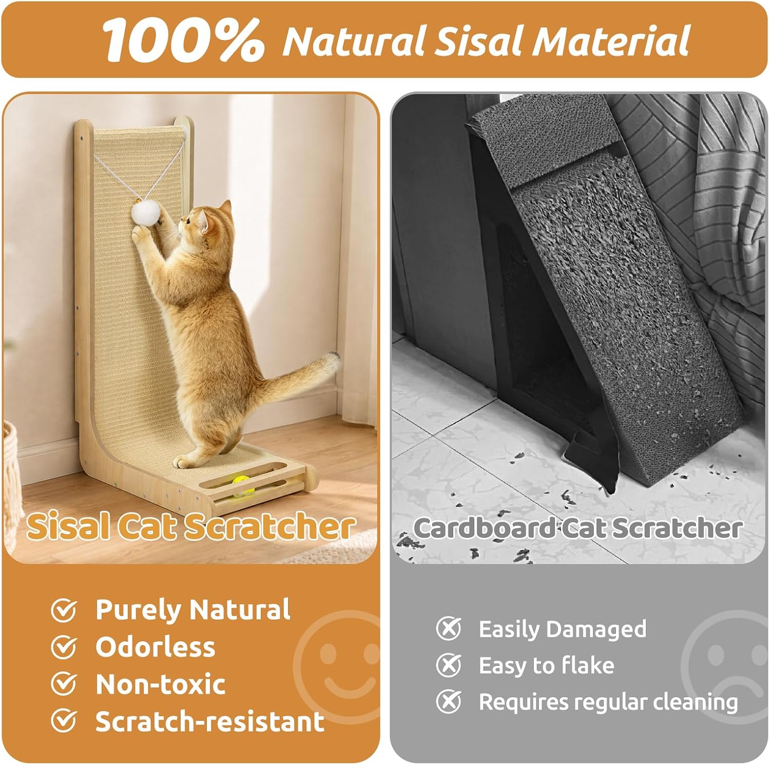 Sisal Cat Scratcher - 26.8" Large Wooden Cat Scratcher Pad with Bell Ball Plush Toy,L Shaped Scratching Post for Indoor Cats Adults,Vertical cat Scratcher Board to Protect Furniture - Image 4