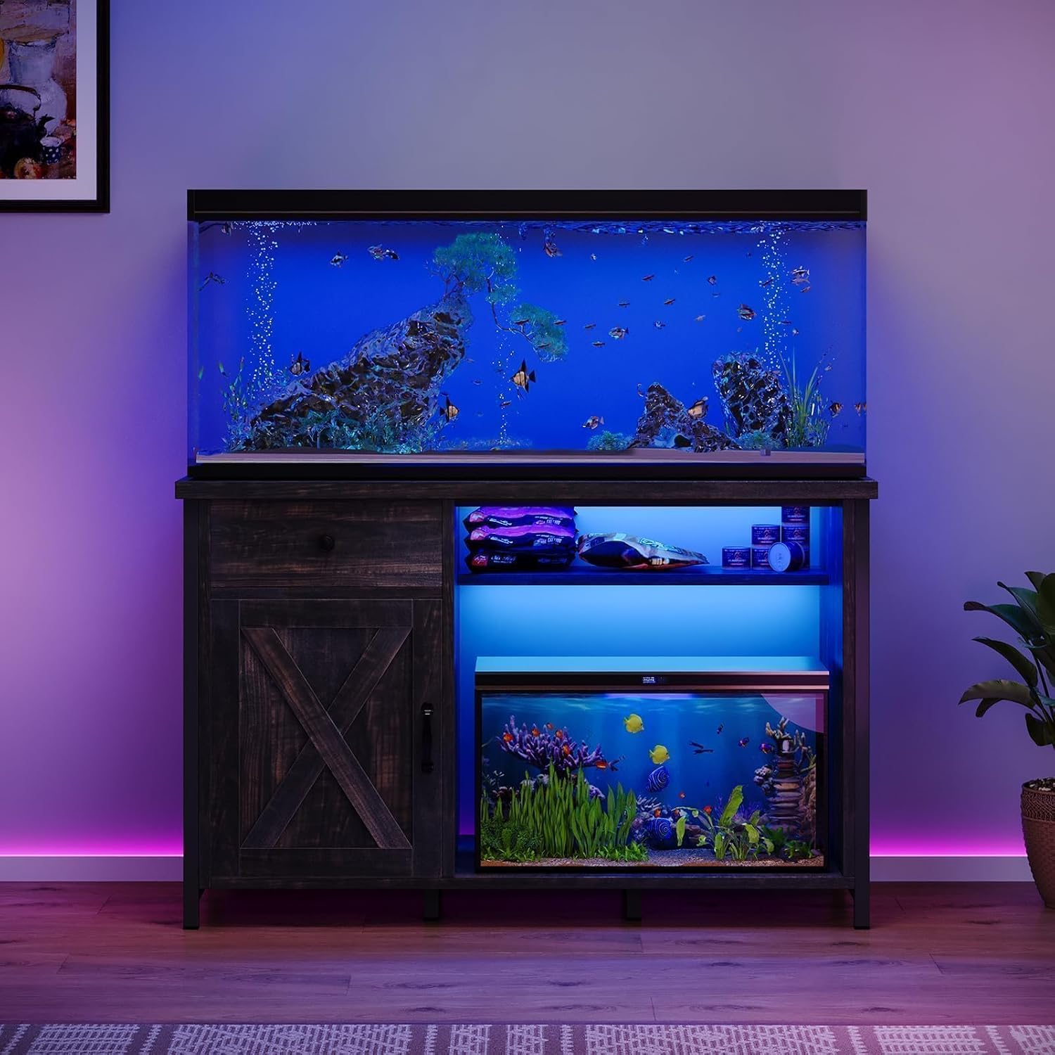 4ever2buy 55-75 Gallon Fish Tank Stand with Power Outlets, LED Light, Heavy Duty Aquarium Stand with Cabinet for Fish Tank Accessories Storage, for Turtle Tank, Reptile Terrarium, 1100LBS, Oak - Image 8