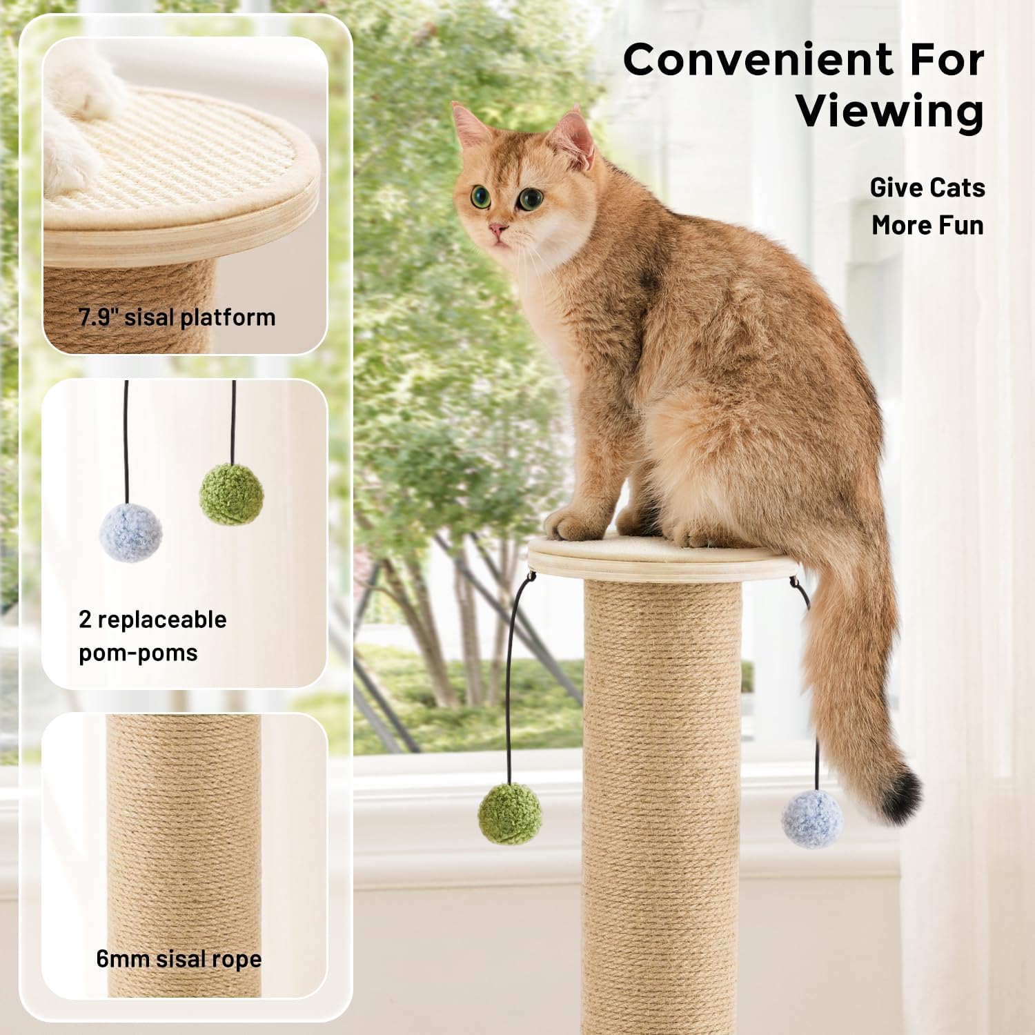 ZOMISIA 35'' Tall Cat Scratching Post, 4.7'' Large Scratch Post with Thicken Wooden Base for Indoor Cats Adults, Sisal Scratcher Top & Dangling Balls, Super Sturdy - Image 2