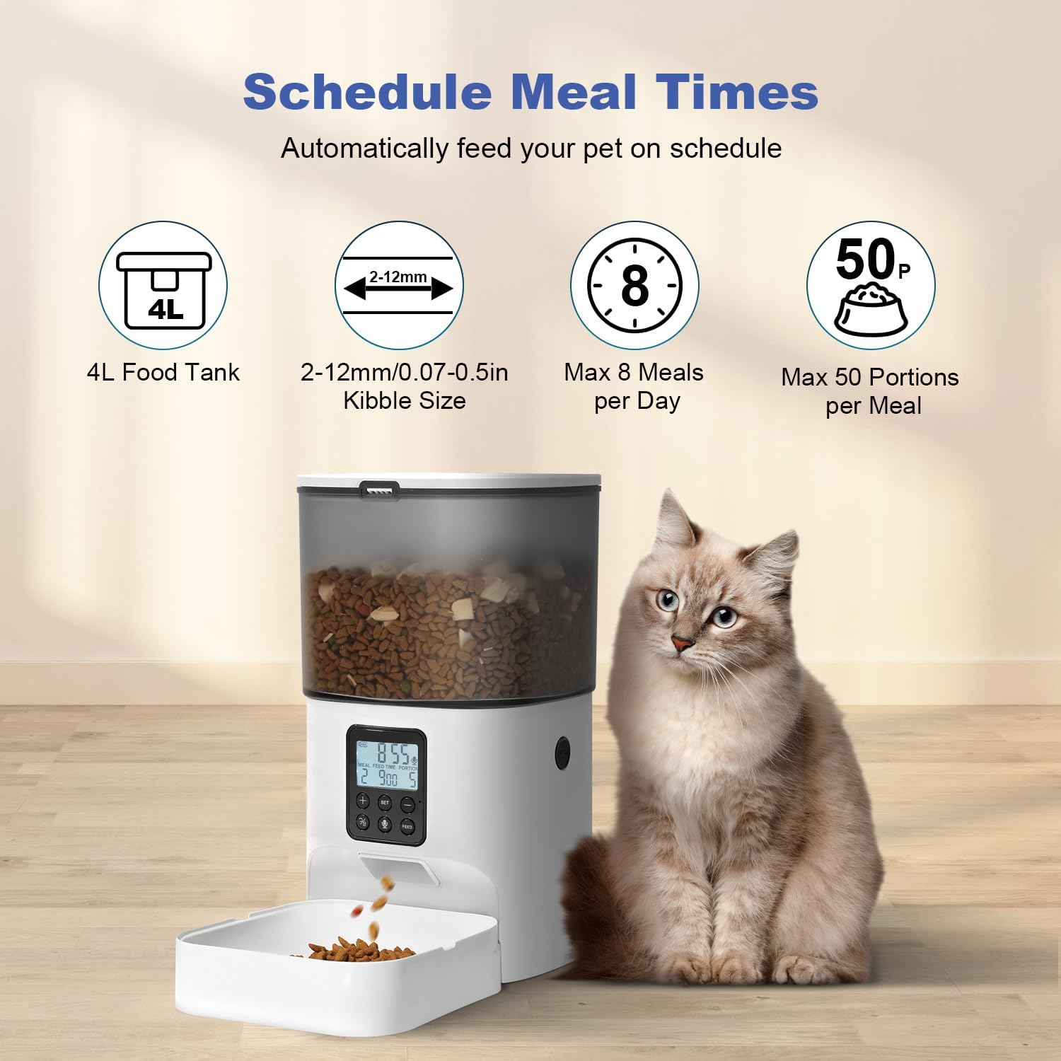 ANDOLL HOME Automatic Cat Feeder, 4L Cat Food Dispenser with 10s Voice Recorder, Pet Feeder up to 8 Meals per Day, Timed Dog Feeder with Dry Food Sealed Ring - Image 2
