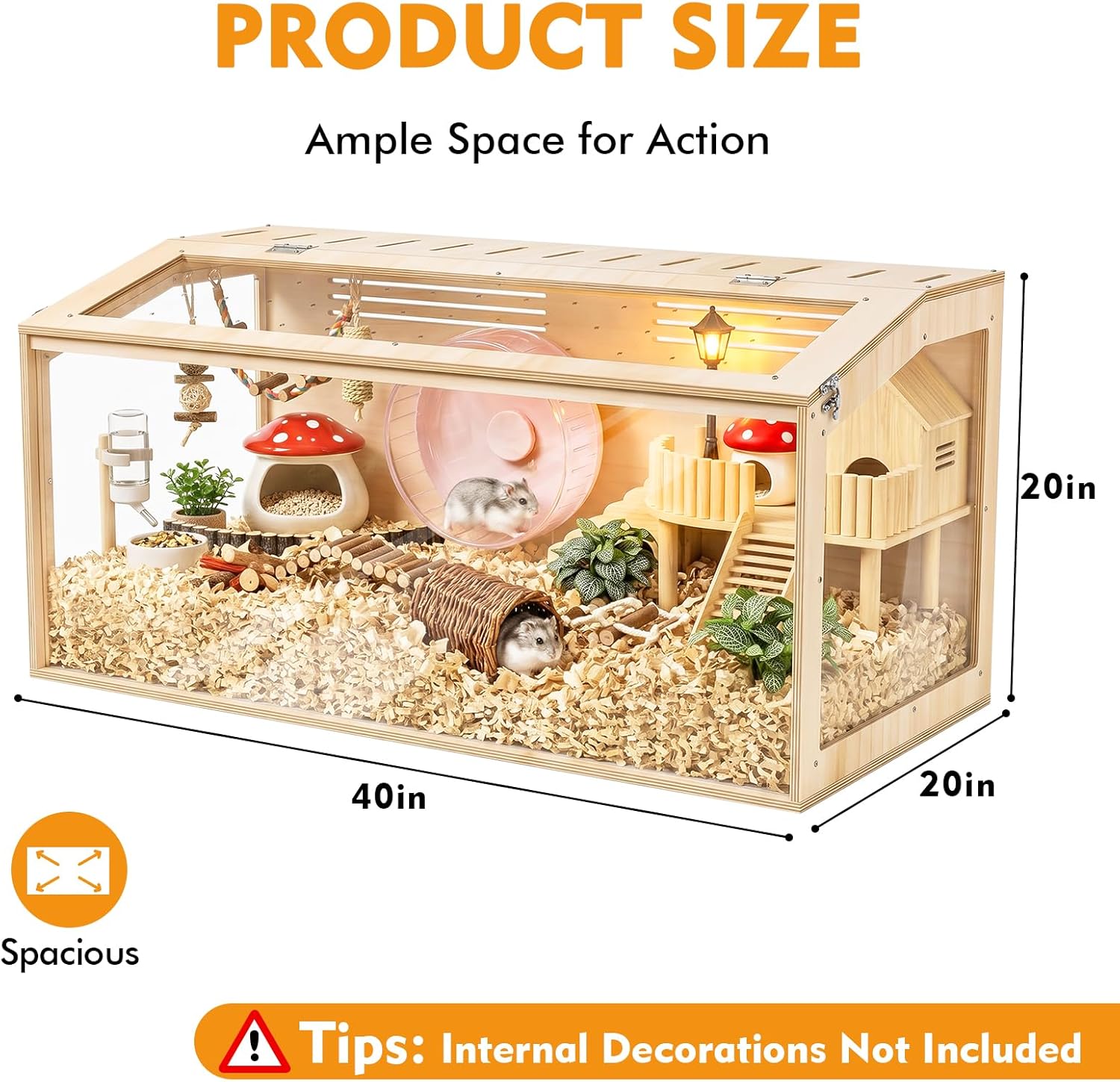 XiaZ Large Hamster Cage,40Inch Hamster Cage with Panoramic View and Ventilated Top, Spacious Acrylic Glass Habitat for Syrian Dwarf Hamsters and Degus, Natural Wood Frame Enclosure - Image 3