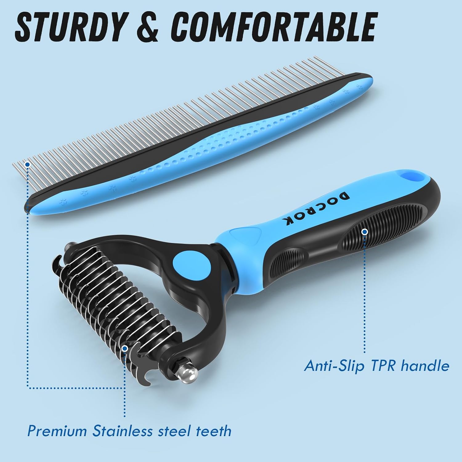 Docrok Pet Grooming Combo - Blue Deshedding Brush with Metal Comb for Detangling and Dematting Long, Matted Fur on Cats and Dogs - Image 6