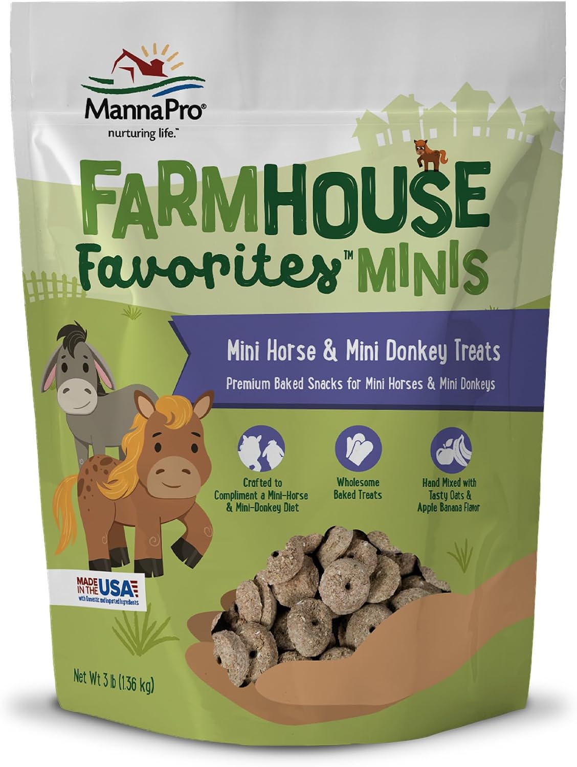 Manna Pro Farmhouse Favorites Mini Horse & Mini Donkey Treats –Baked Snack for Mini Horses & Mini Donkeys – Hand Mixed Treat – Oats, Apple & Banana Flavored – 3lb Bag
