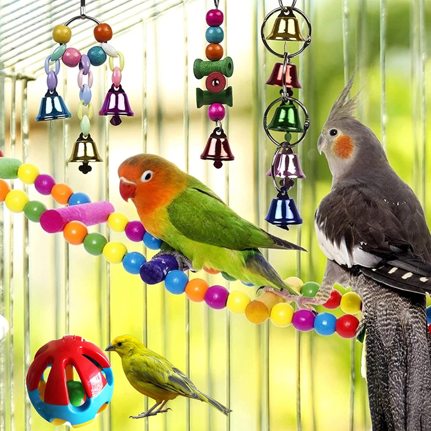 Hamiledyi Bird Parrot Swing Chewing Toy Set 15PCS Wooden Hanging Bell with Hammock Climbing Ladders Colorful Pet Birds Cage Toys for Small Parakeet Cockatiel Finches Conures Budgie Macaws Love Birds - Image 2