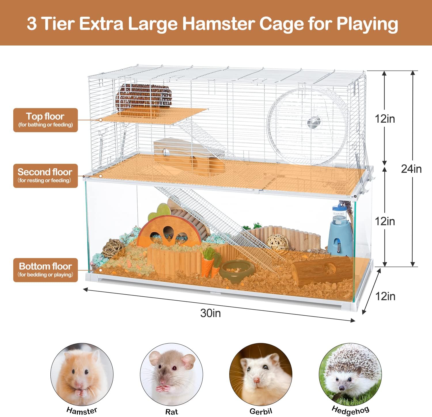 3 Tiers Large Hamster Cages, Glass Hamster Cage Habitat with Openable Wire Topper, Gerbil Cage with Two Ladders Ramps and Removeable Waterproof PVC Tray, Easy to Clean - Image 3