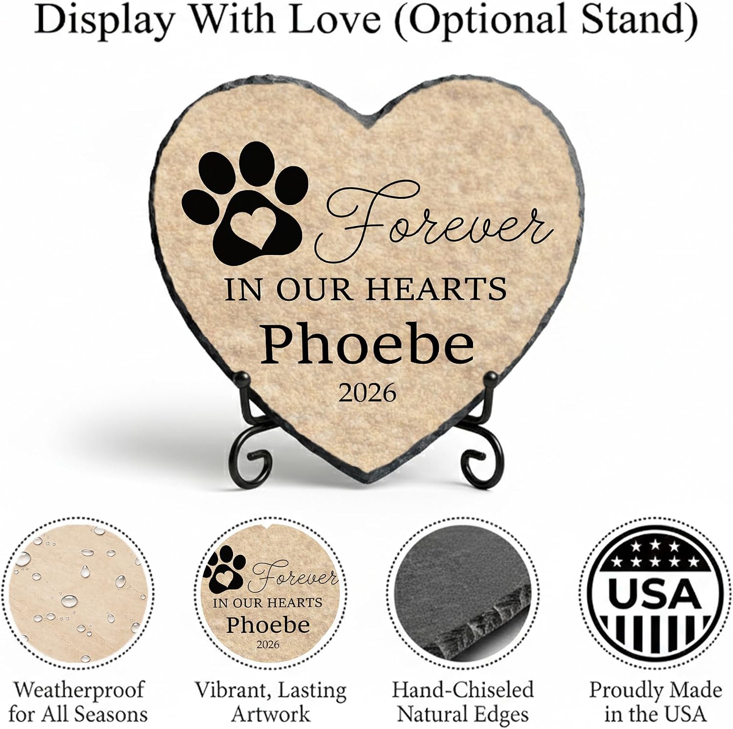 Personalized Dog Memorial Stone, Forever in Our Hearts Paw Print Heart Plaque, Pet Loss Gift for Dogs (S-20) - Image 3