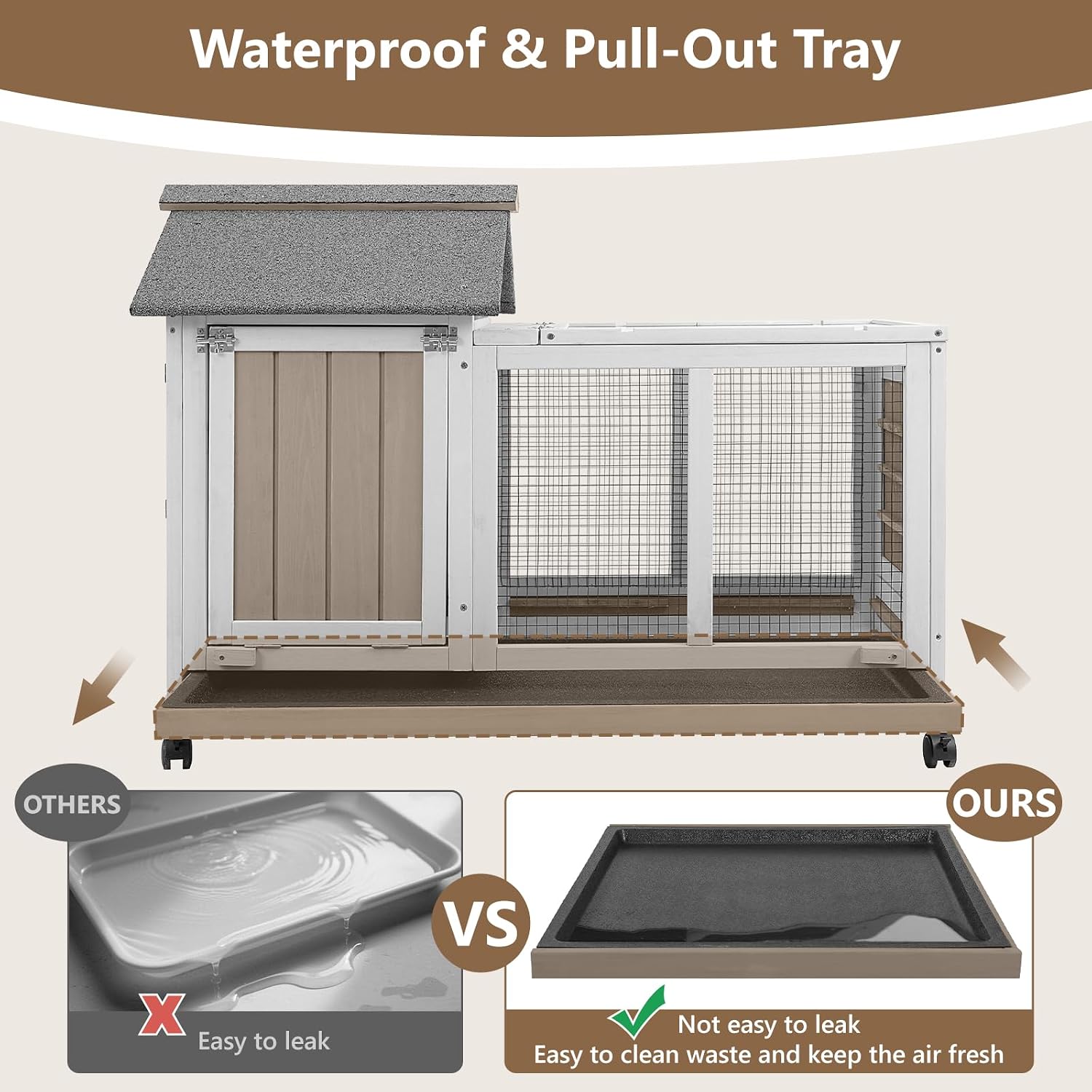 38''L Rabbit Hutch Outdoor with Wheels, Wooden Expandable 2 Story Bunny House Rabbit Cage Indoor with Run, Pull Out Tray, Waterproof Roof, Guinea Pig Cage Chicken Coop for Small to Medium Pets - Image 6