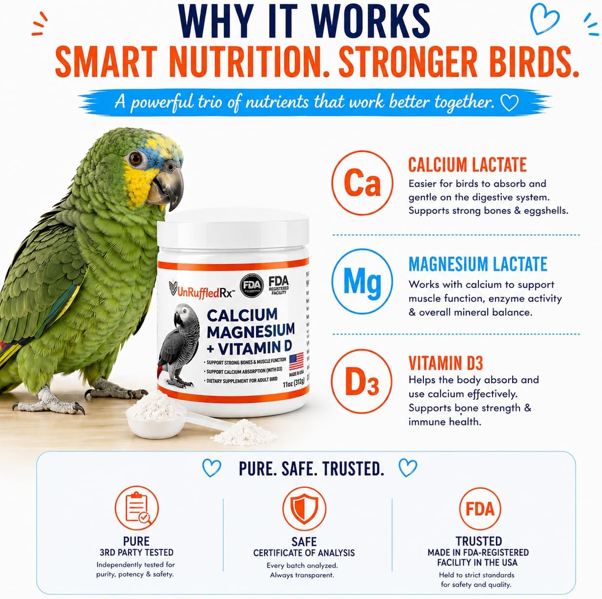 UnRuffledRx™ Bird Calcium Plus with Magnesium and D3, Dissolves Clear and Tasteless in Water, Supports Bone, Muscle, Feather and Egg Health, 45 Servings, Made in FDA-Registered USA Facility - Image 4