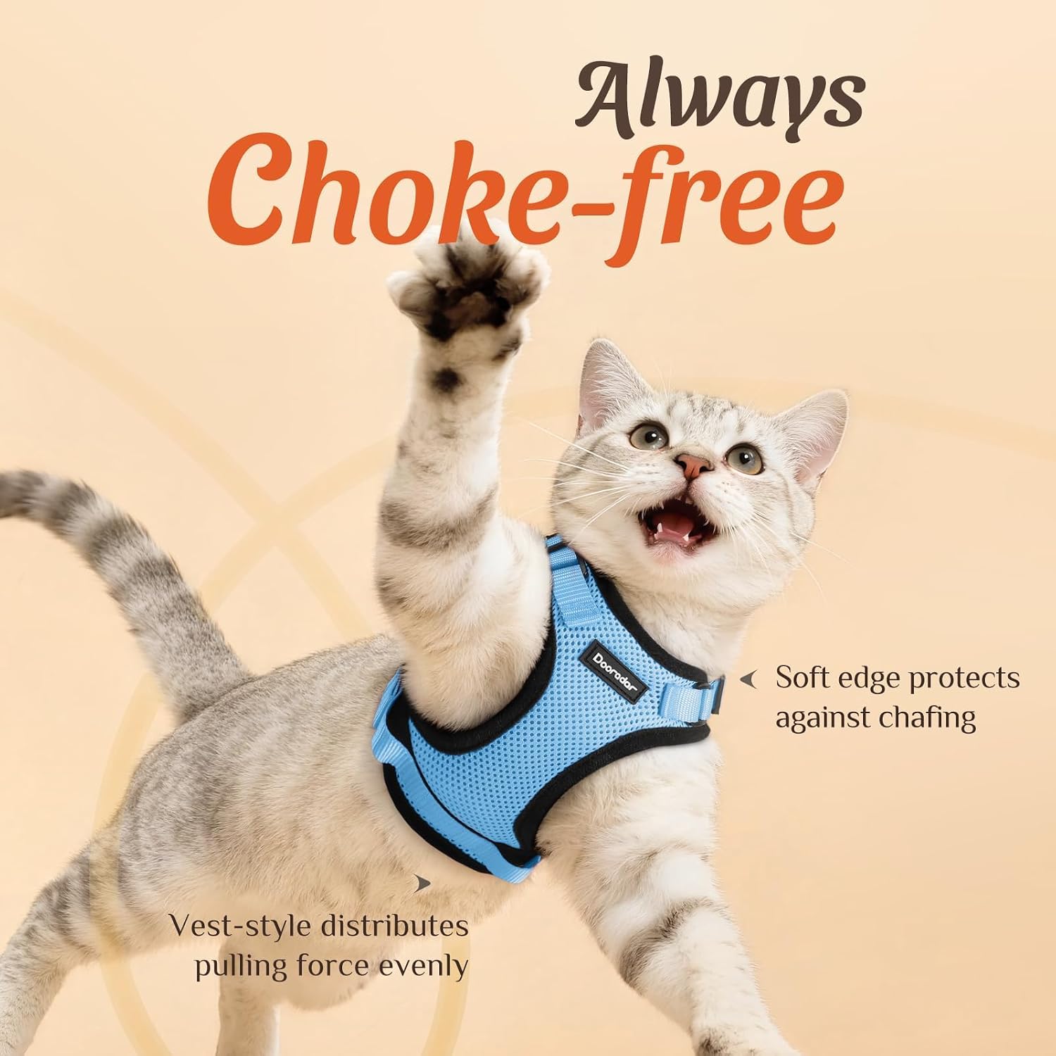 Dooradar Cat Harness and Leash Set, Adjustable and Escape Proof, S | Easy Fit, Snap Buckles, Soft Breathable Vest, Sturdy Clip, Reflective Strips, for Average Cat Walks, Light Blue - Image 2