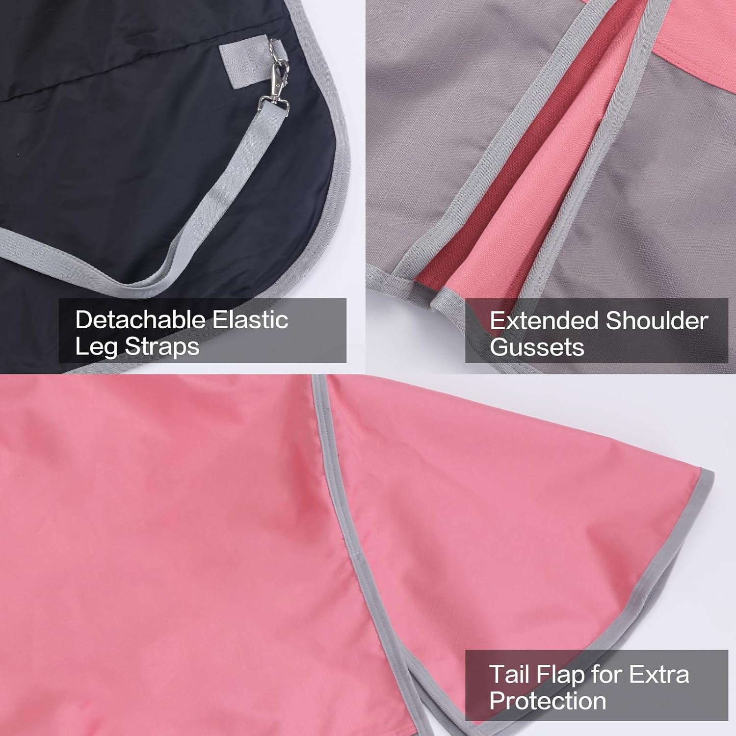 1200D Ripstop Waterproof Breathable Horse Blanket (0g No Fill), Lightweight Turnout Rain Sheet, Keeps Dry in Mud & Wet Weather Pinkgrey 78" - Image 3