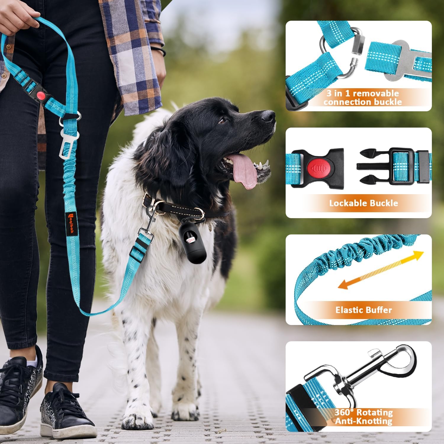 Removable Dog Seat Belt Harness for Car, 3 in 1 Pet Dog Car Seatbelt Leash, Retractable Restraint Secures to Vehicle Headrest & Adjustable Reflective Bungee Dog Seatbelt Tether, Blue and Black - Image 5