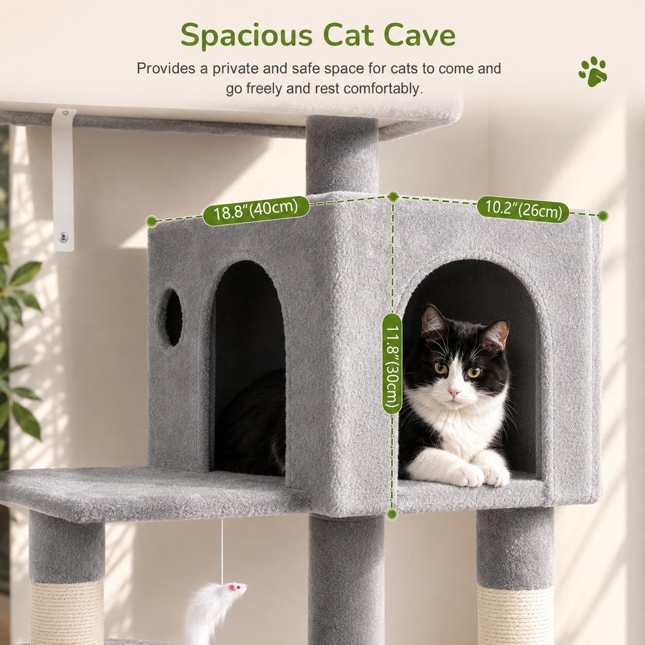 Globlazer Cat Tree Tower with Scratching Post for Indoor Cats, 53inch Tall Plush Multi-Level Cat Climbing Tower Condo House with Large Hammock, Spacious Cat Cave, Padded Top Perch Bed, F53, Light Gray - Image 3