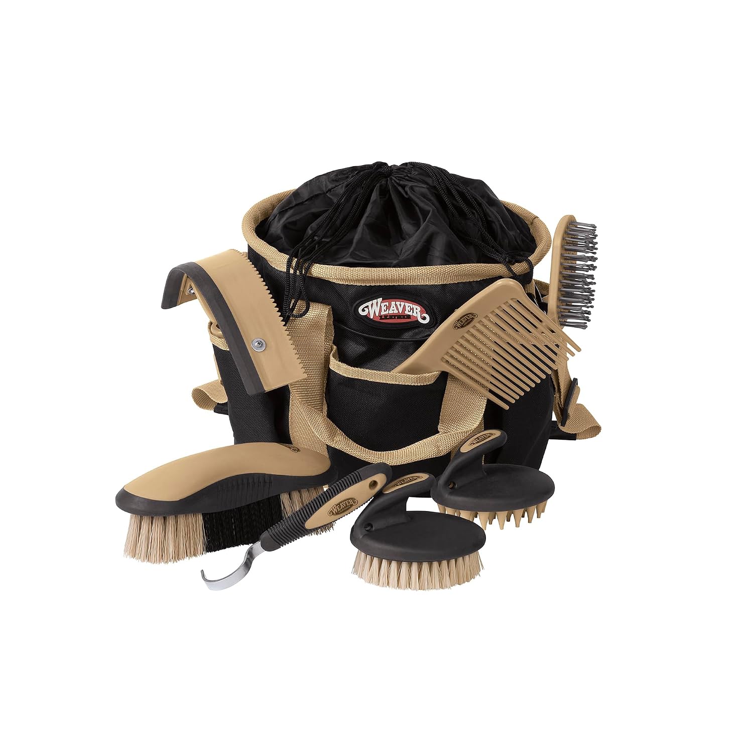 Weaver Equine Horse Grooming Kit, 7-Piece Horse Brush Set with Organizer Tote Bag, Hoof Pick, Comb, Sweat Scraper, Equine Tools for Daily Grooming, Black/Beige