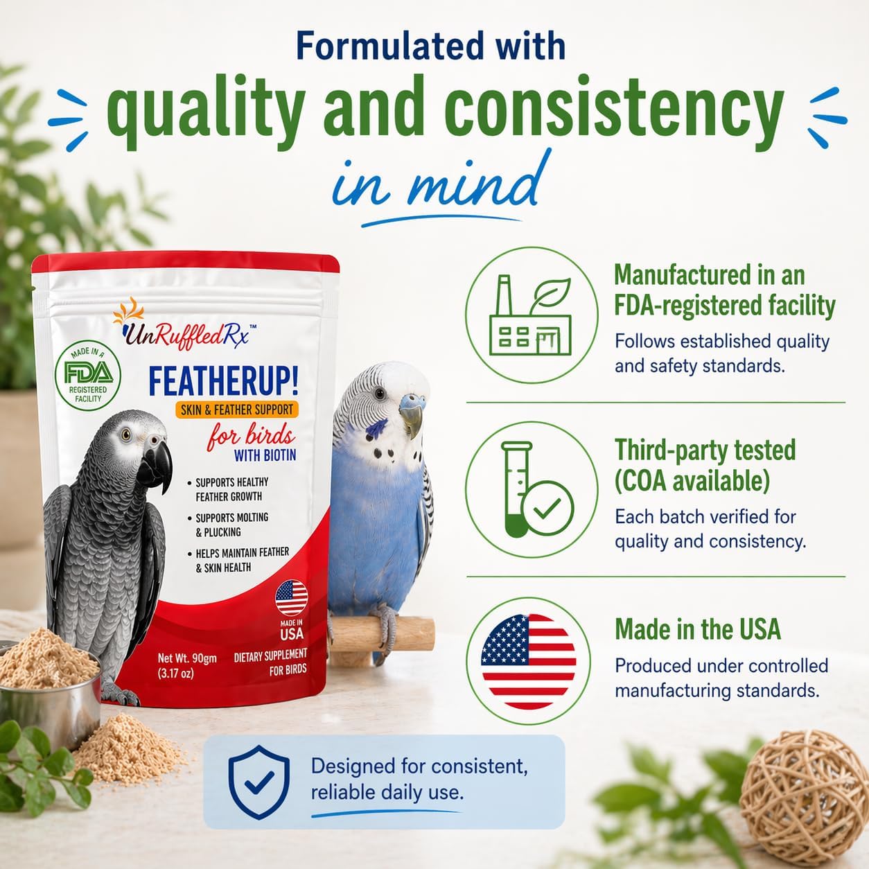 UnRuffledRx FeatherUp! Bird Molting Support & Feather Growth Supplement - for Plucking, Regrowth & Molt - Multivitamin & Amino Acids for All Birds - 90g (240 Servings) - Image 5