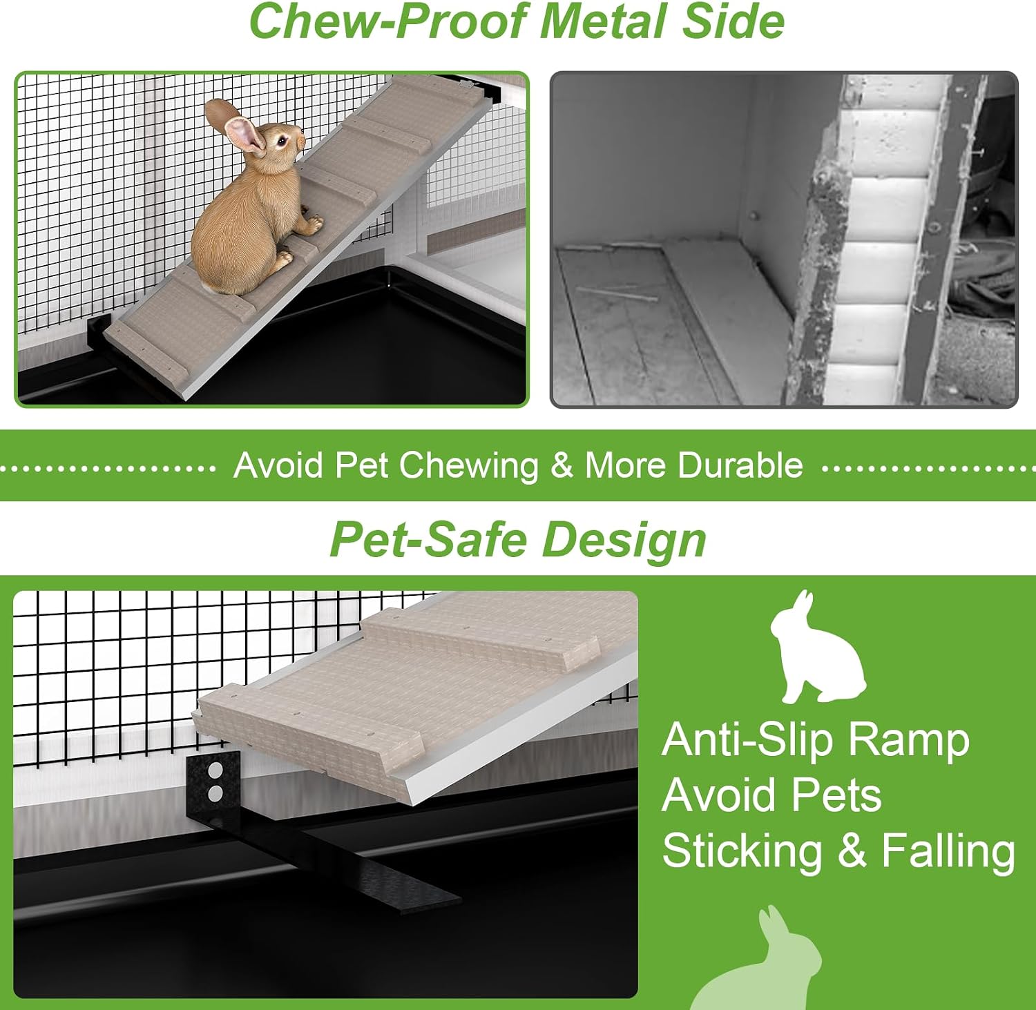 2 Story Rabbit Hutch Outdoor Indoor, Wooden Bunny Cage with 6 Lockable Wheels, 3 Removable No Leakage Pull Out Trays, Chew-Proof Ramp & Waterproof Roof, Ideal for Rabbit & Guinea Pig - Image 5
