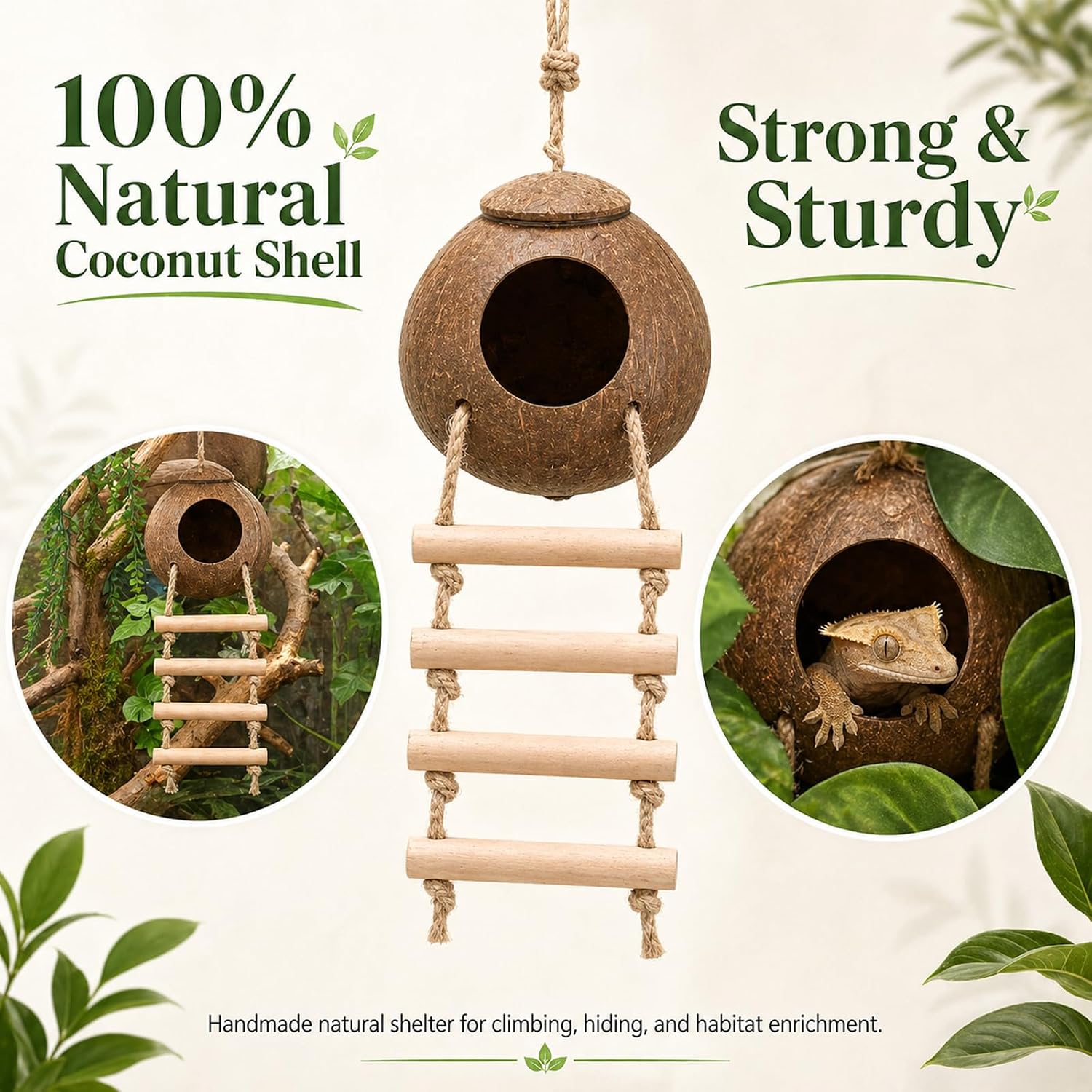 HERCOCCI Crested Gecko Tank Accessories, Reptile Hanging Plants Vines with Natural Coconut Shell Hideout & Climbing Ladder Decor for Hermit Crab Lizard Leopard Gecko Chameleon Snake Terrarium Decor - Image 3