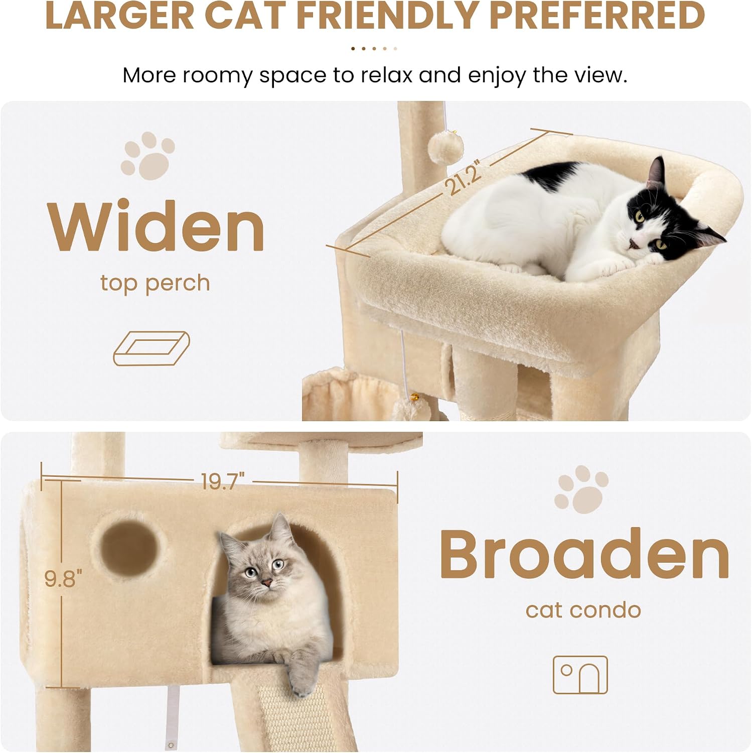 SHA CERLIN 65in Larger Cat Tree Tower Condo for Indoor Kitties/Multi-Level Furniture Activity Center with Wide Base/Cozy Plush Cat Perches/Baskets/Sisal Scratching Posts and Hammock/Beige - Image 3