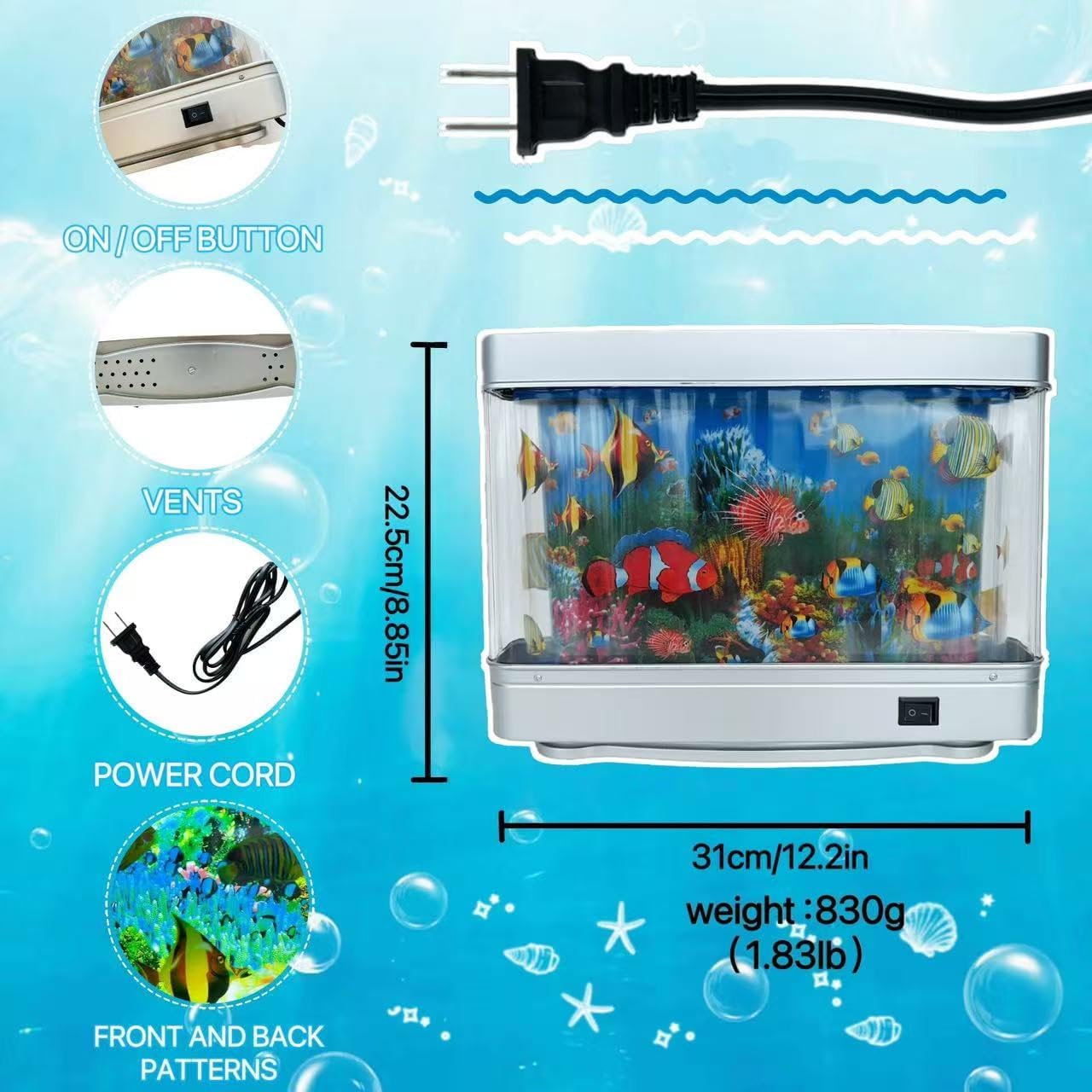 Fake Fish Tank Lamp - Moving Aquarium Night Light with Virtual Ocean Effect, 80s Retro Design for Adult Relaxation, Frutiger Aero Artificial Aquarium Decorative Lamp (US Plug) - Image 4