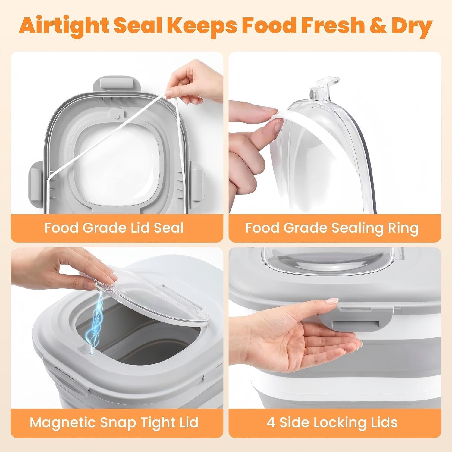 30 Lbs Dog Food Storage Container with Wheels, Collapsible Pet Food Storage Container with Clear Window, Measuring Cup & Scoop, BPA Free Cat Food Container for Rice, Flour, Grain, Bird Seed - Image 3