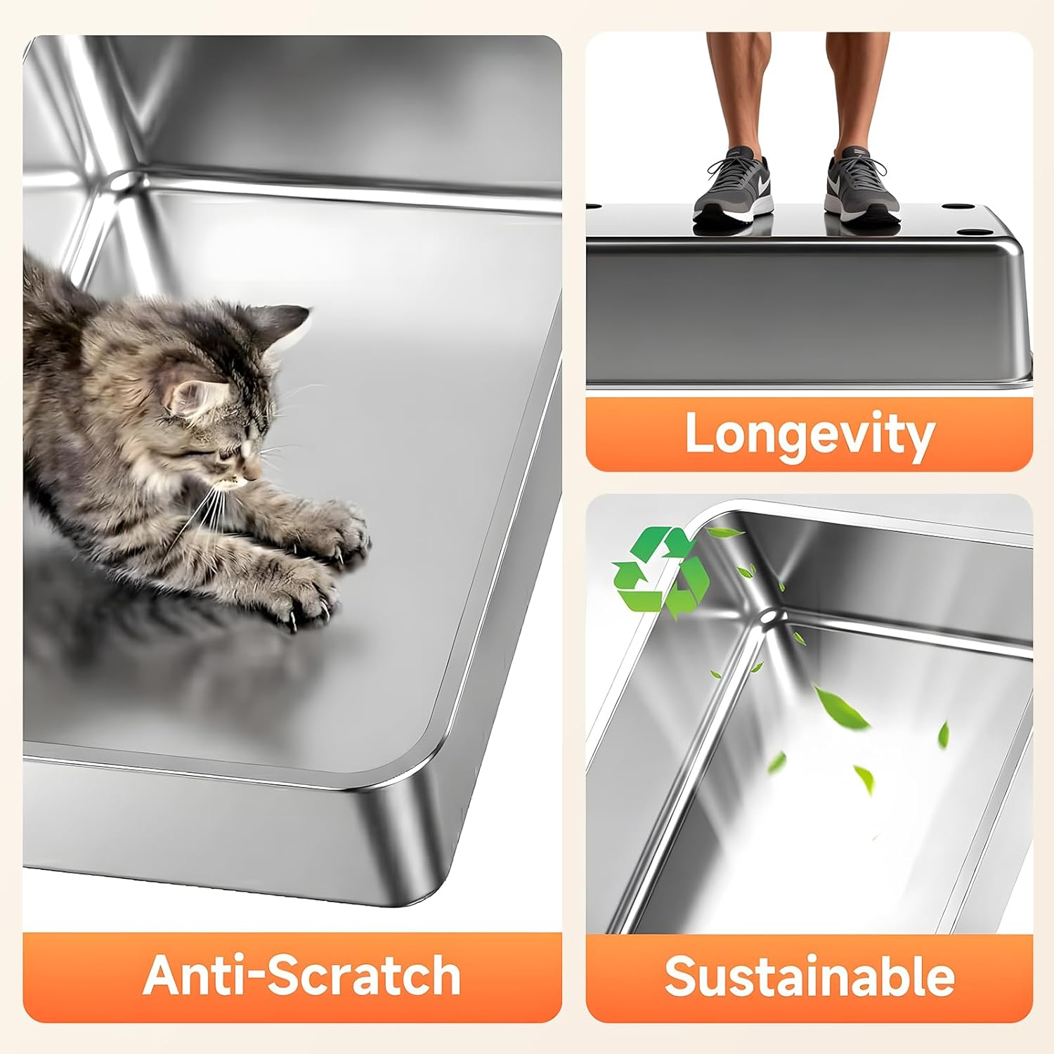 Stainless Steel Litter Box with High Sides, XL High Sided Cat Litter Pan, Open Top Extra Large Metal Cat Litter Box, Non-Stick, Odor Free, Leakproof, Scoop Included, Gray - Image 9