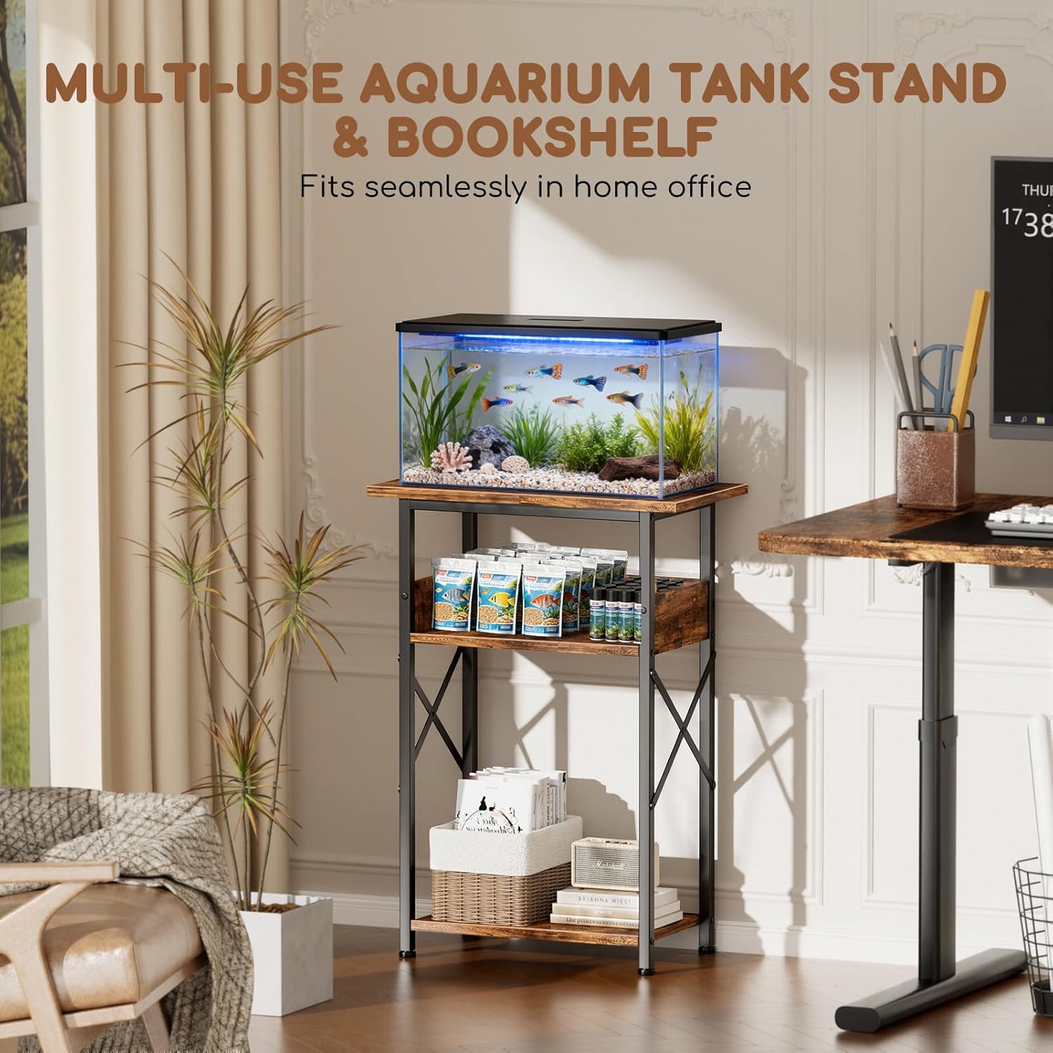 10 Gallon Fish Tank Stand with Storage Shelves, 3-Tier Aquarium Stand with Rust-Proof Metal Frame, Heavy Duty Waterproof Reptile Turtle Tank Stand for Home Office Up to 150LBS, 21.5" L x 11.5" W x 30" H, Rustic Brown - Image 8