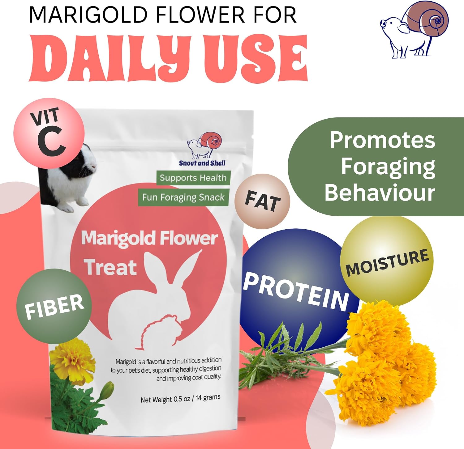 Snout and Shell Marigold Flower Treat for Small Pets – Organic, Healthy Digestive Support – Fun Foraging Snack for Rabbits, Guinea Pigs, Chinchillas, and More – 0.5 oz / 14g - Image 5