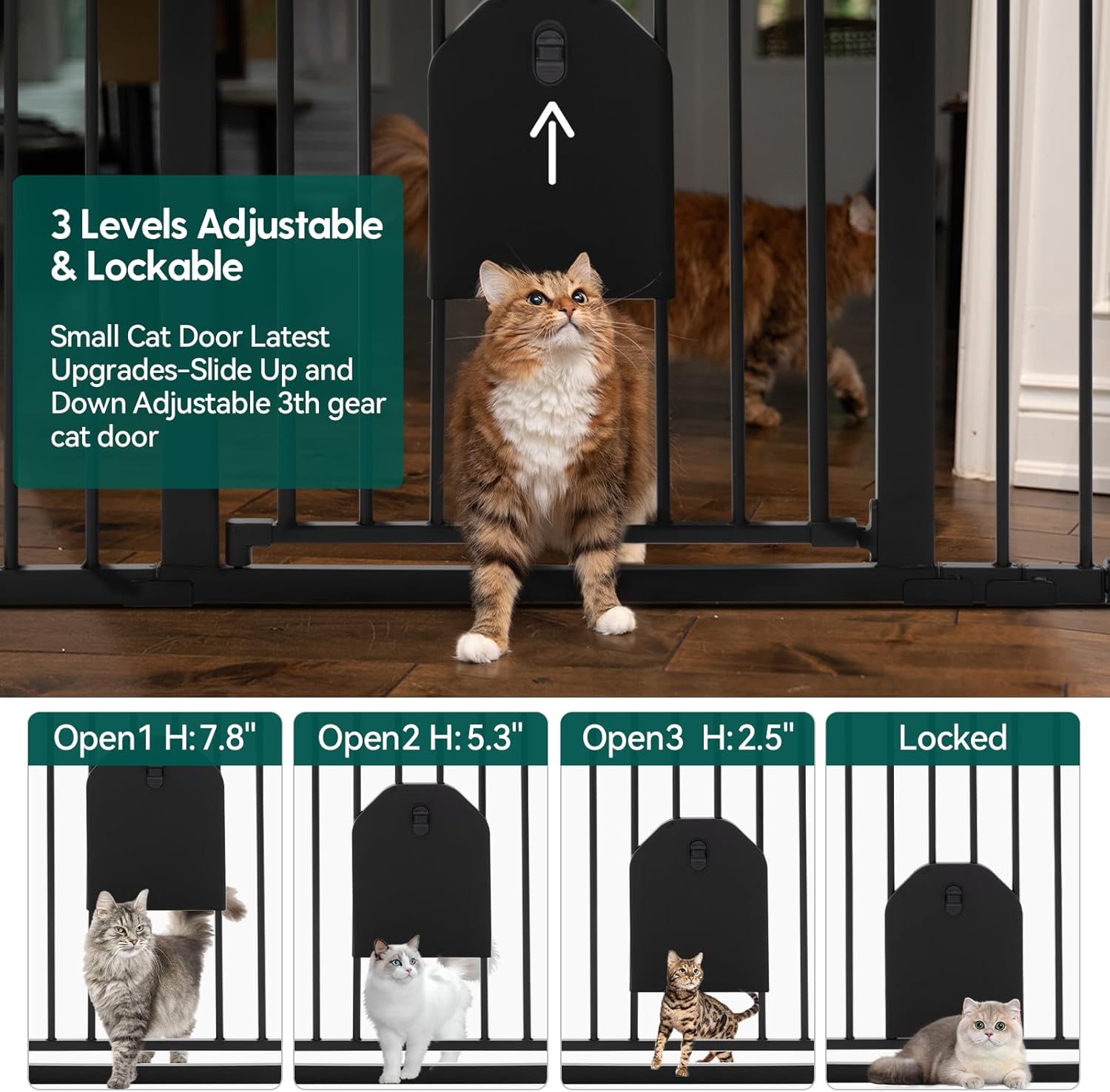 Babelio Auto Close Baby Gate with Cat Door, CatPrivilege Ⅰ, 29-43" Metal Gate for Doorway, Stairs, House, Easy Walk Thru with Pet Door, Includes 4 Wall Cups and 3 Extension Pieces, Black - Image 2