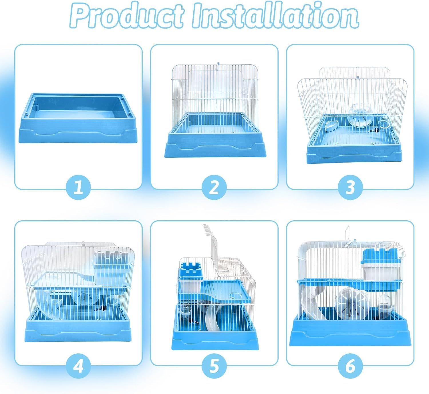 PINVNBY 2-Tier Dwarf Hamster Cage, Travel Portable Guinea Pig Cages Rat Cage and Habitats Small Animal Carrier with Castle House Exercise Wheels, Water Bottle and Food Dish(Blue) - Image 8