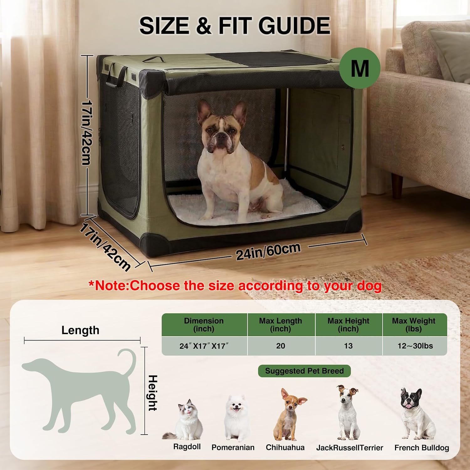 24 x 17 x 17 Inch Collapsible Soft Dog Crate for Dogs Up to 30 lbs, Portable Travel Pet Kennel with 4 Zip Doors, Foldable Indoor Outdoor Crate with Mat, Carry Bag, Green - Image 2
