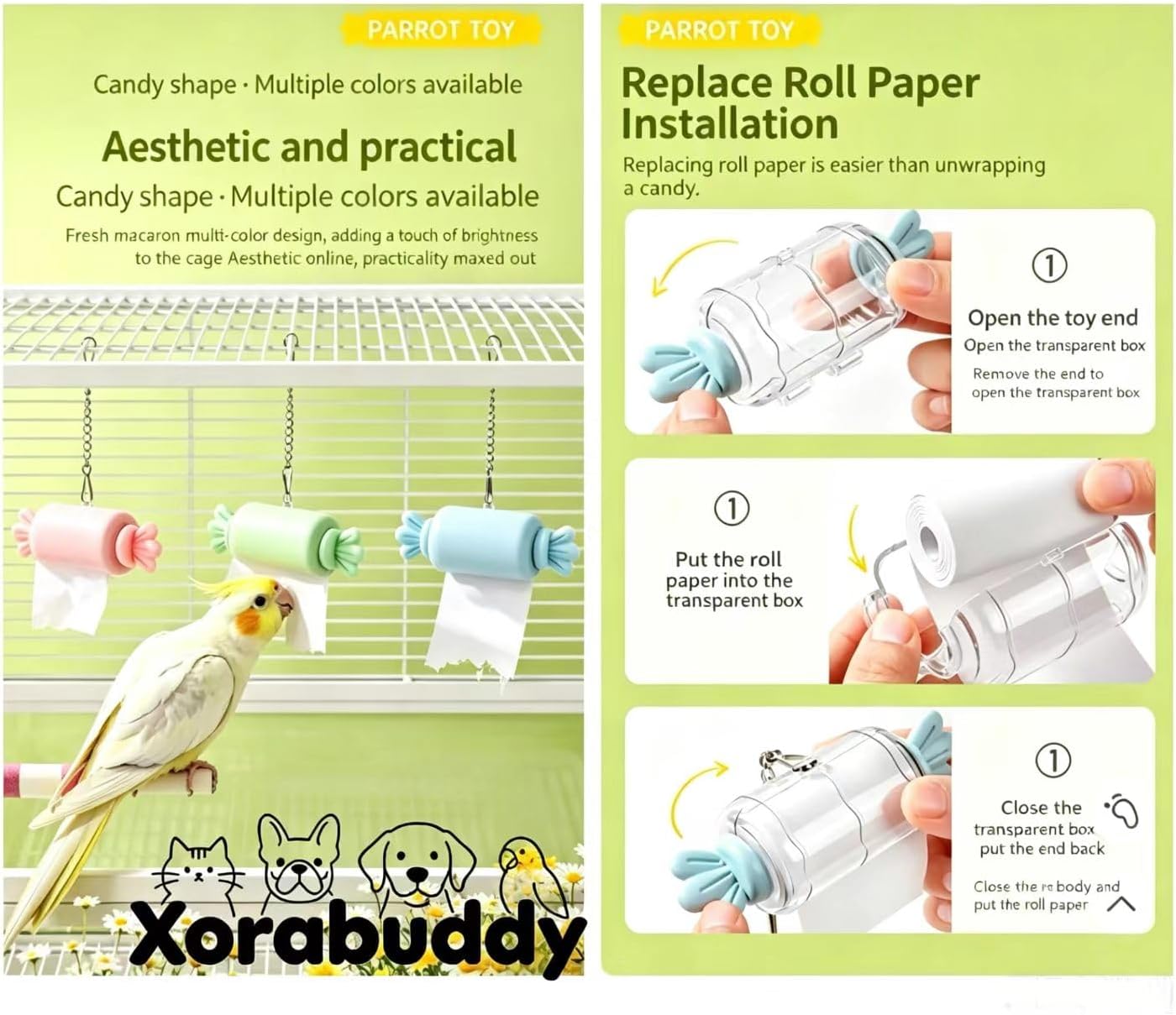 Parrot Shredding Toy Candy Roll Paper Holder, Safe Wood Pulp Chew Toys for Birds Cage Accessories, Hanging Interactive Foraging Toy for Cockatiel Conure Parakeet Budgie - Image 4