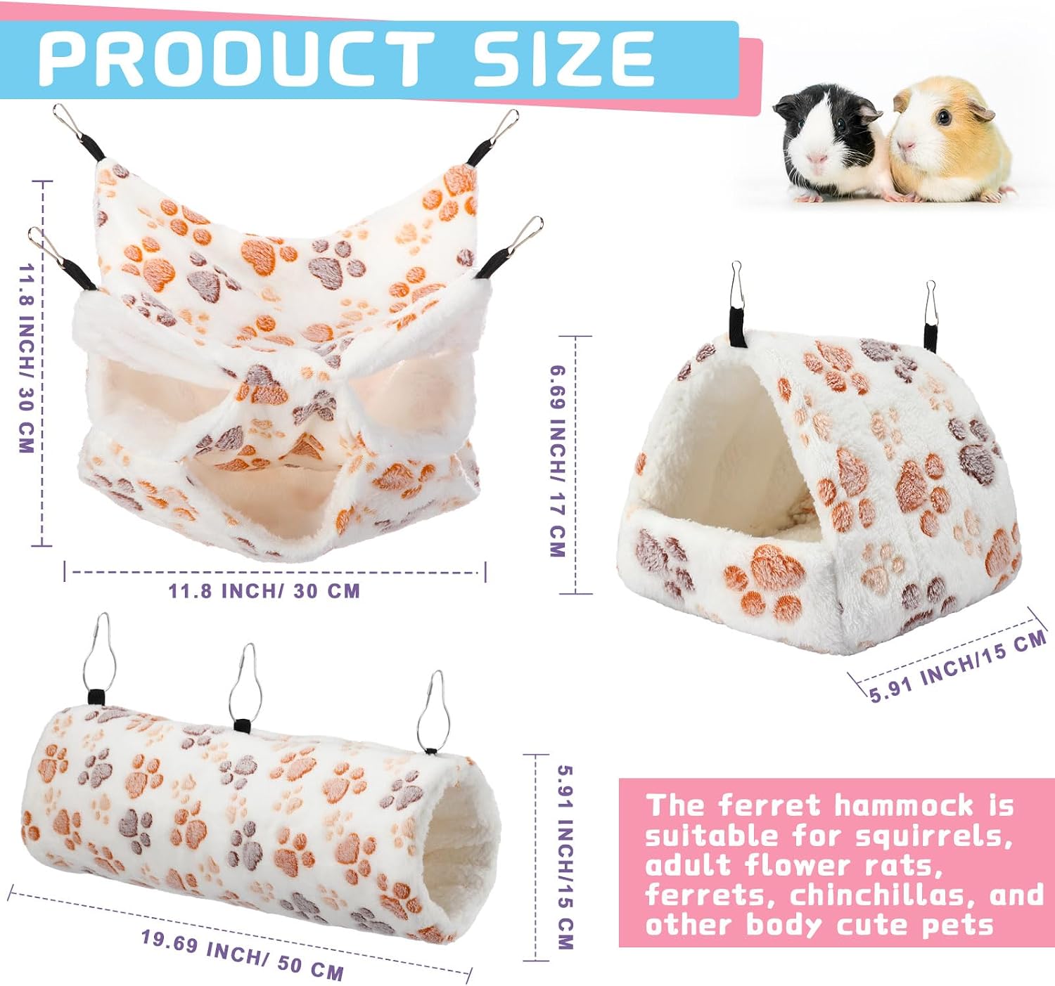 Abbylike 9 Pieces Rat Hammock 3 Tier Guinea Pig Ferret Hammocks Small Pet Hanging Tunnel Glider Toy Guinea Pig Ferret Hideout Bed Cage Accessories for Hamster(Light Brown, White, Black,Paw) - Image 2