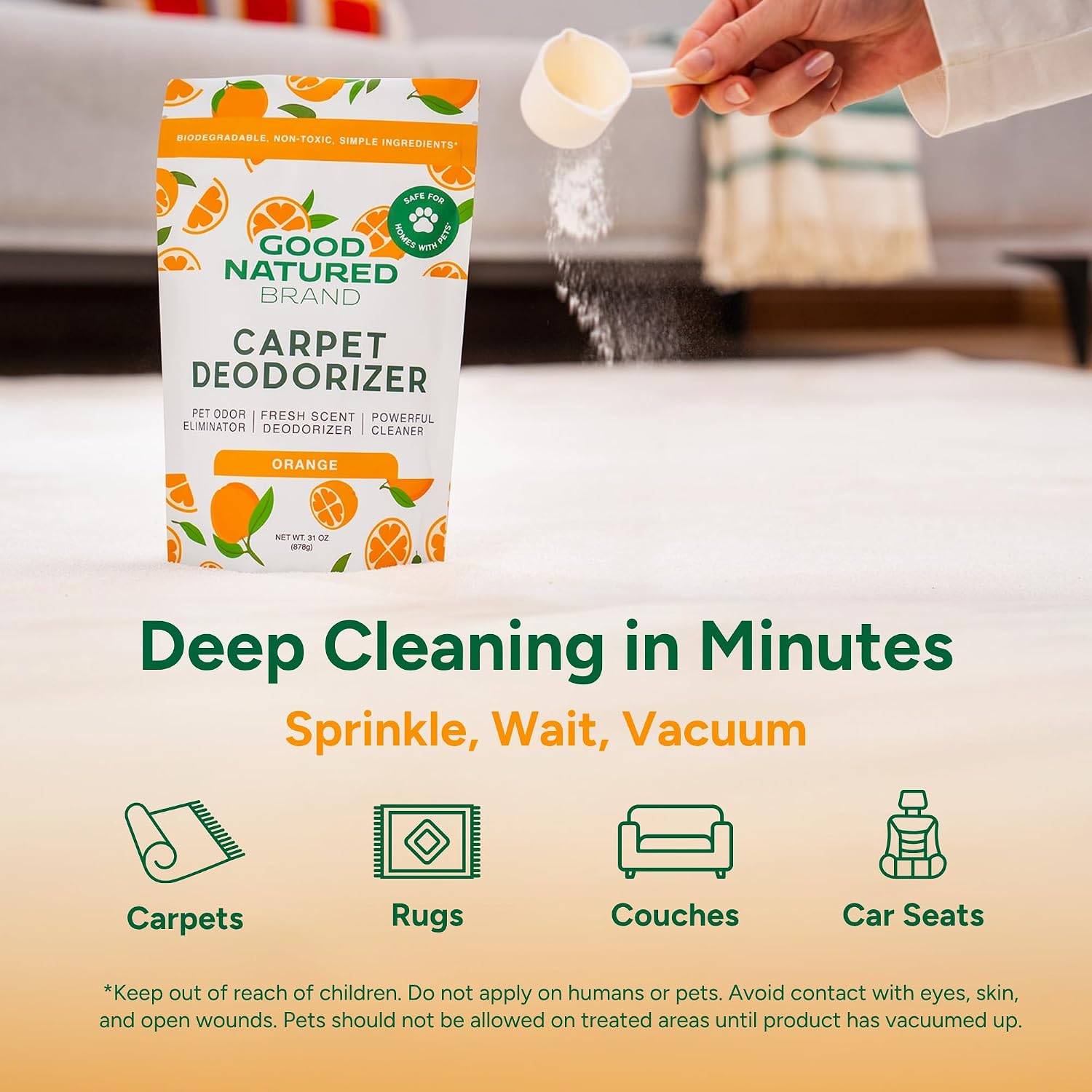 Good Natured Brand | Carpet Deodorizer & Freshener Powder | 31 oz Pet Odor Eliminator for Strong Odor & Pet Urine | Fresh Natural Sweet Orange Scent | Safe for Homes with Pets - Image 3