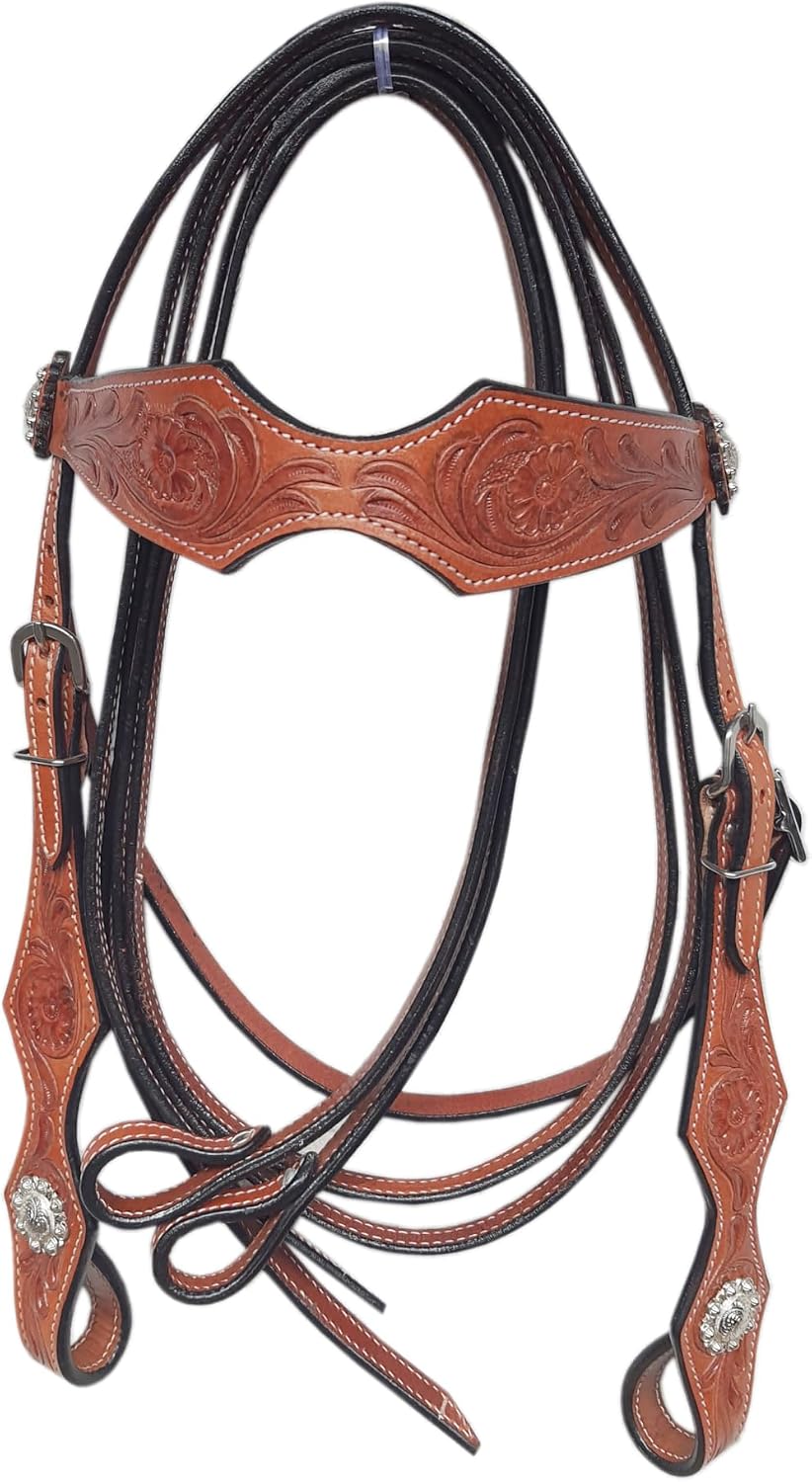 Western Leather Horse Headstall and Reins Combo Natural Antique Tooling, Quick Bit Change Adjustable Browband Headstall and Free Size Reins for Horses - Image 2