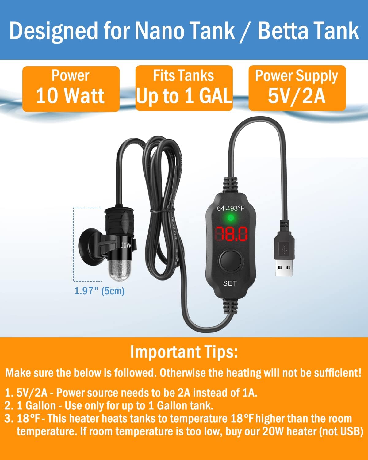 AquaMiracle Mini Aquarium Heater 5V/2A USB 10W Small Fish Tank Heater for Tanks up to 1 Gal, Digital Display Thermostat Betta Heater with Dry-Run & Overheat Protection, Memory Function - Image 3