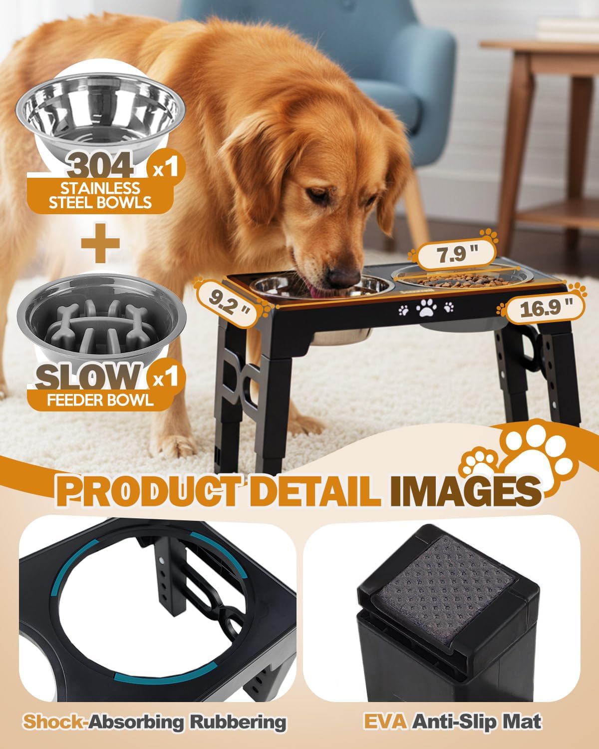 Jovrun Elevated Dog Bowls for Medium Large Size Dogs, Non-Slip Dog Feeder with 1*Stainless Steel Dishes & 1*Slow Feeder Bowl, 5 Heights Adjustable Raised Bowls to 3.15″-8.66″-9.84″-11.02″-12.2″ - Image 4