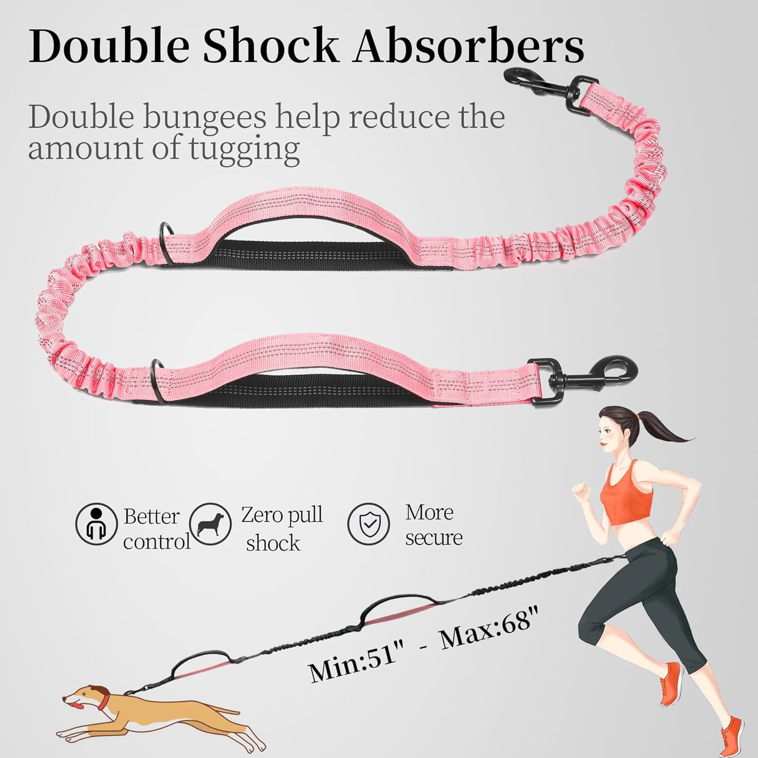 iYoShop Hands Free Dog Leash with Zipper Pouch, Dual Padded Handles and Durable Bungee for Walking, Jogging and Running Your Dog (Large, 25-120 lbs, Baby Pink) - Image 5