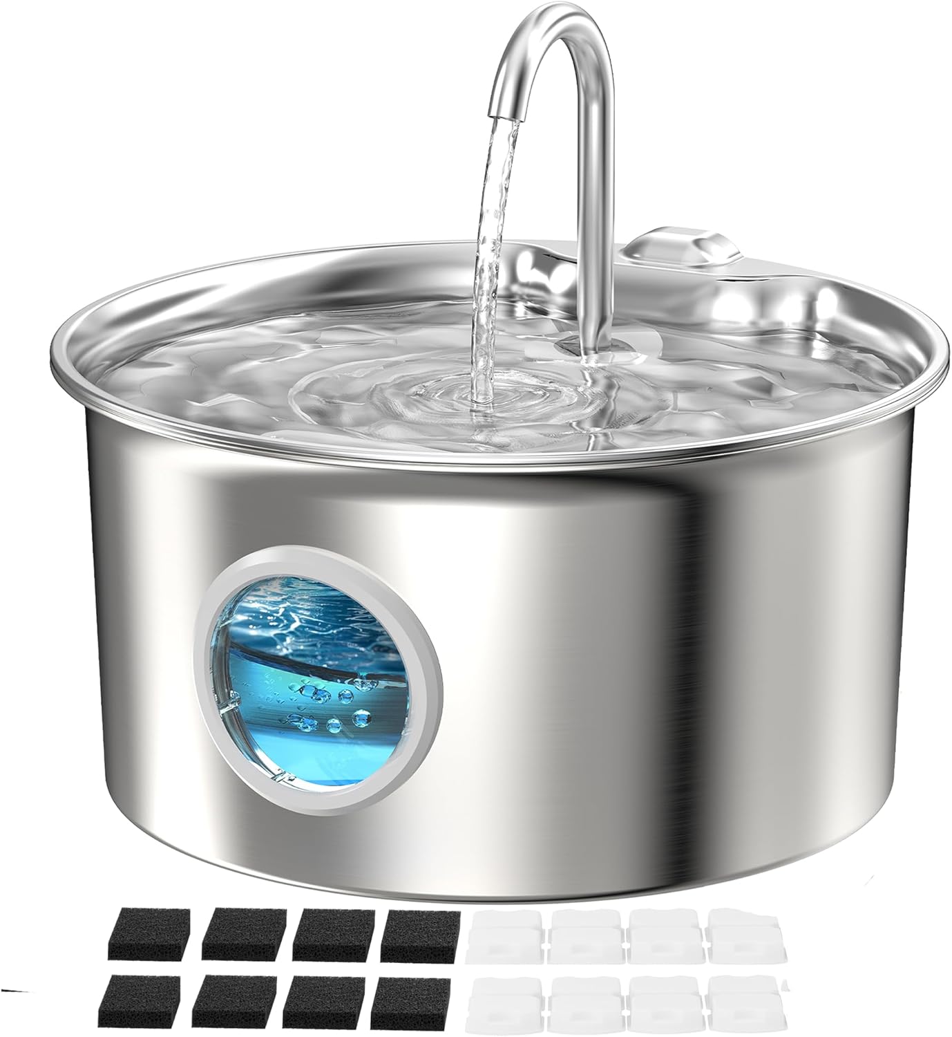 Pet Water Fountain Stainless Steel: Mental Cat Water Fountains with 8 Filters + 8 Sponges - 88oz/2.6L Noiseless Cats Waterer Bowl Dispenser - ATMZIQXR Kitten Drinking Fountains for Cats Indoor