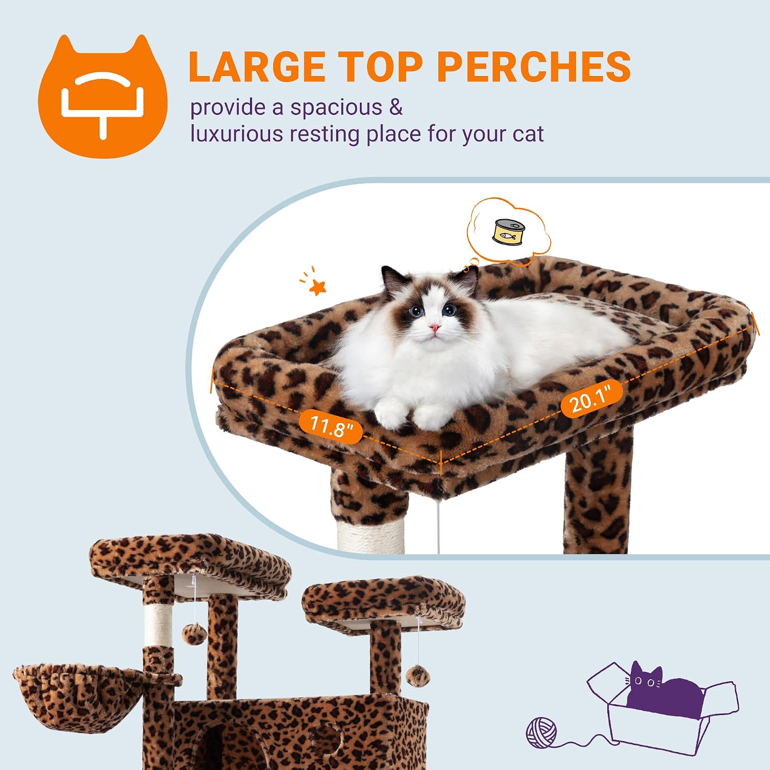 Allewie 81 Inches Tall Cat Tree/Multi-Level Large Climbing Tree House and Towers for Big Feline/Condo and Hammock/Scratching Post/Wide Base/Leopard Print - Image 4