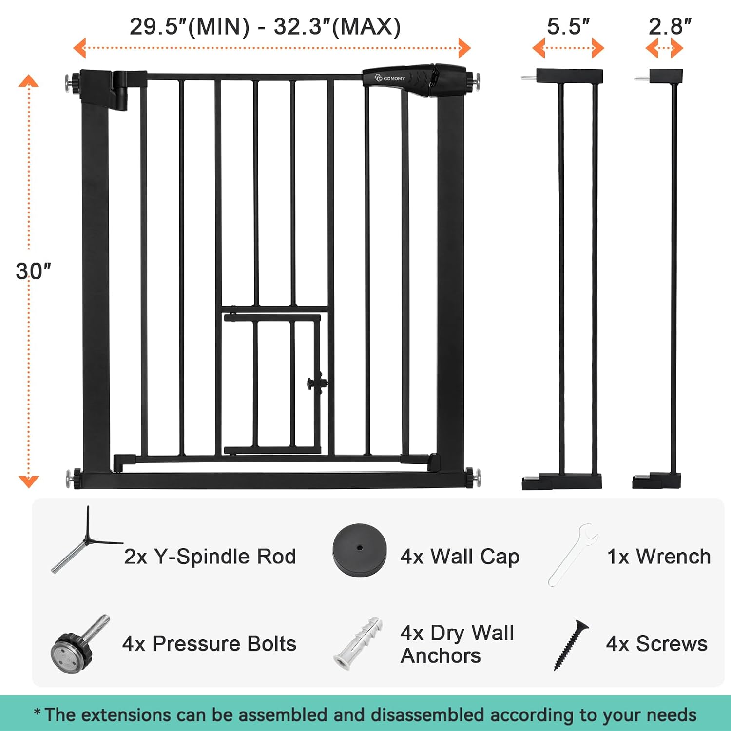 COMOMY Auto Close Pet Gate with Cat Door, 29.5"-40.5" Dog Gate for House Doorways Stairs, Pressure Mounted Easy Walk Thru Safety Gate, Includes 4 Wall Cups and 2 Extension Pieces, Black - Image 3