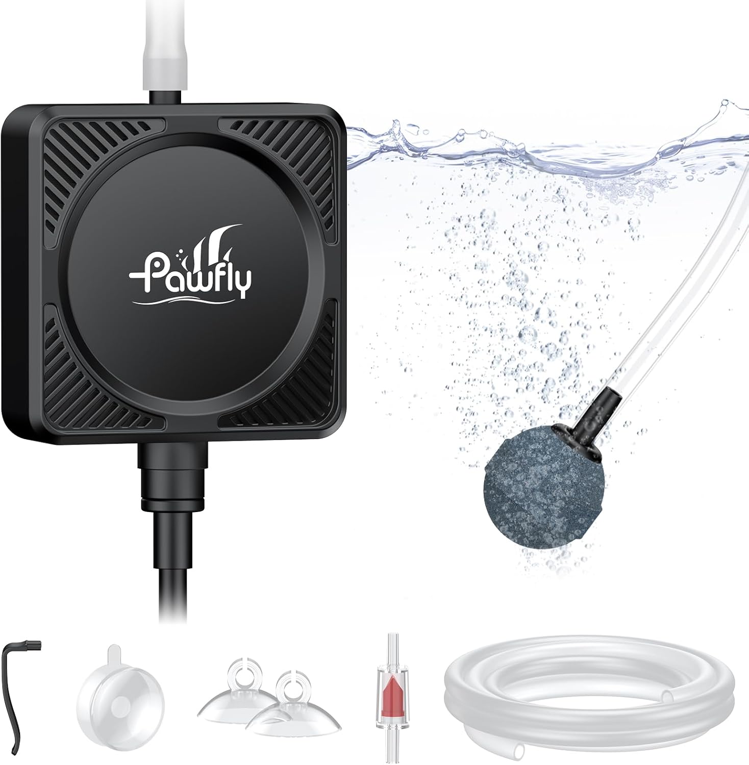 Pawfly Nano Silent Aquarium Air Pump, Mini Bubbler with Accessories, 1.3 W Portable Oxygen Aerator for 1-15 Gallon Fish Tanks, 450 mL/min