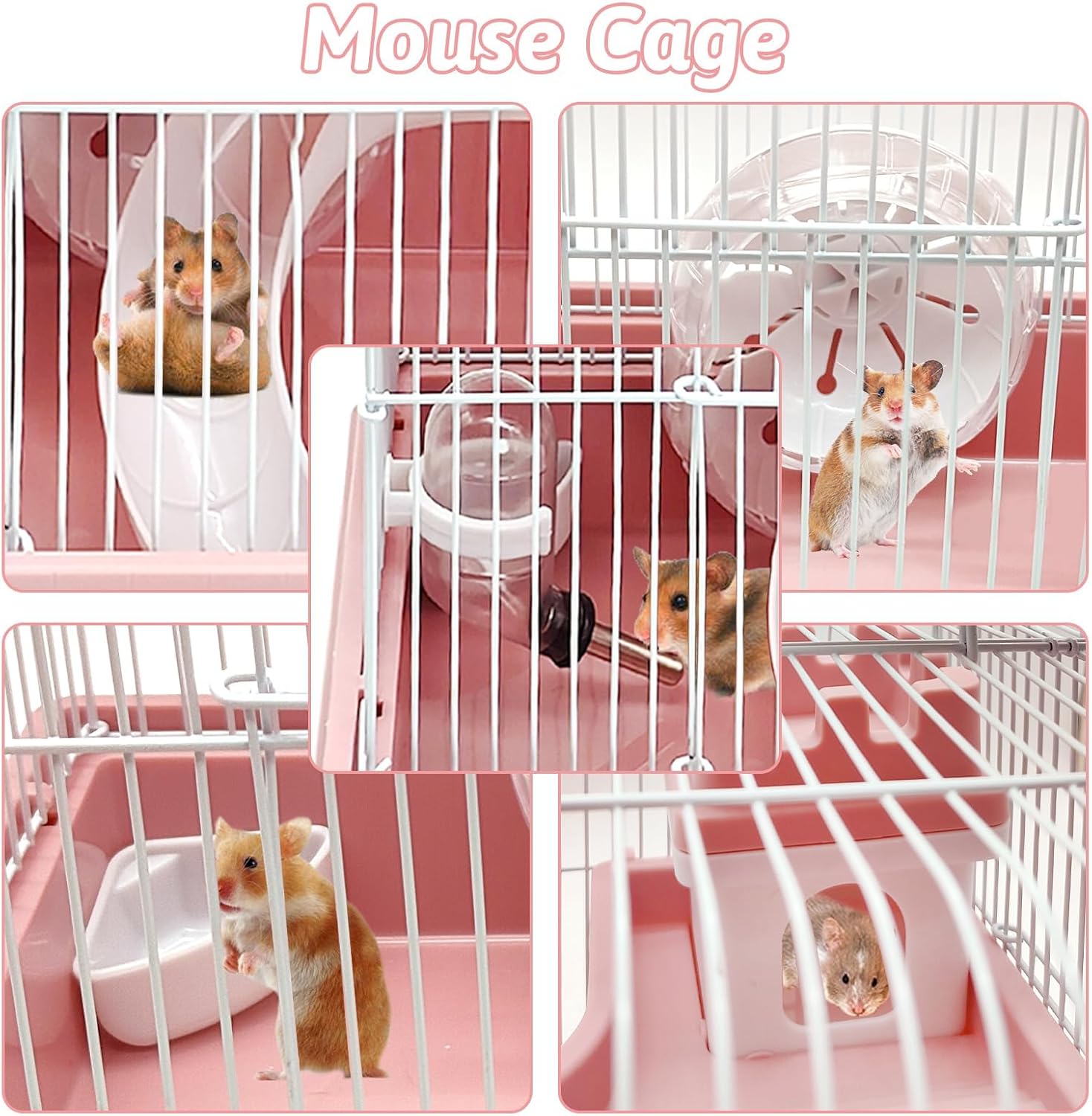 PINVNBY 2-Tier Dwarf Hamster Cage, Travel Portable Guinea Pig Cages Rat Cage and Habitats Small Animal Carrier with Castle House Running Exercise Wheels, Water Bottle and Food Dish (Pink - Image 7