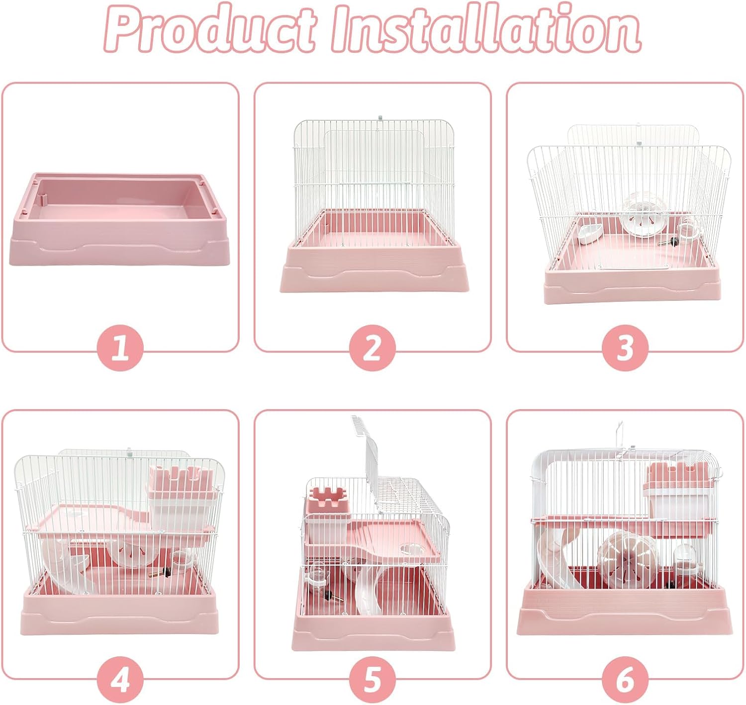 PINVNBY 2-Tier Dwarf Hamster Cage, Travel Portable Guinea Pig Cages Rat Cage and Habitats Small Animal Carrier with Castle House Running Exercise Wheels, Water Bottle and Food Dish (Pink - Image 8
