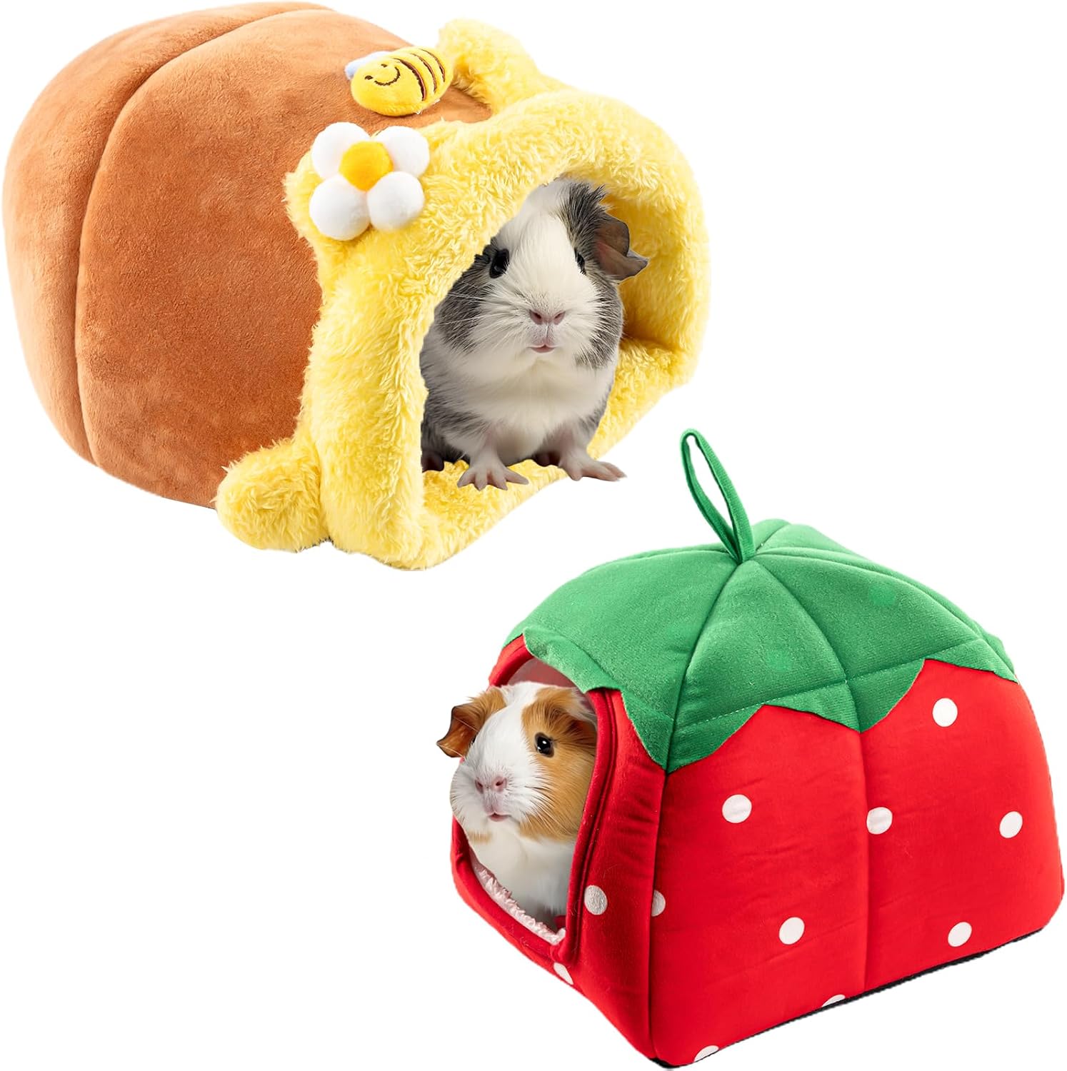Avont 2 Pack Guinea Pig Tunnel & Hideout, Small Animal Bed | Soft Washable Fleece Hideout for Guinea Pigs, Chinchillas & Hamsters - Fruit or Animal Shape