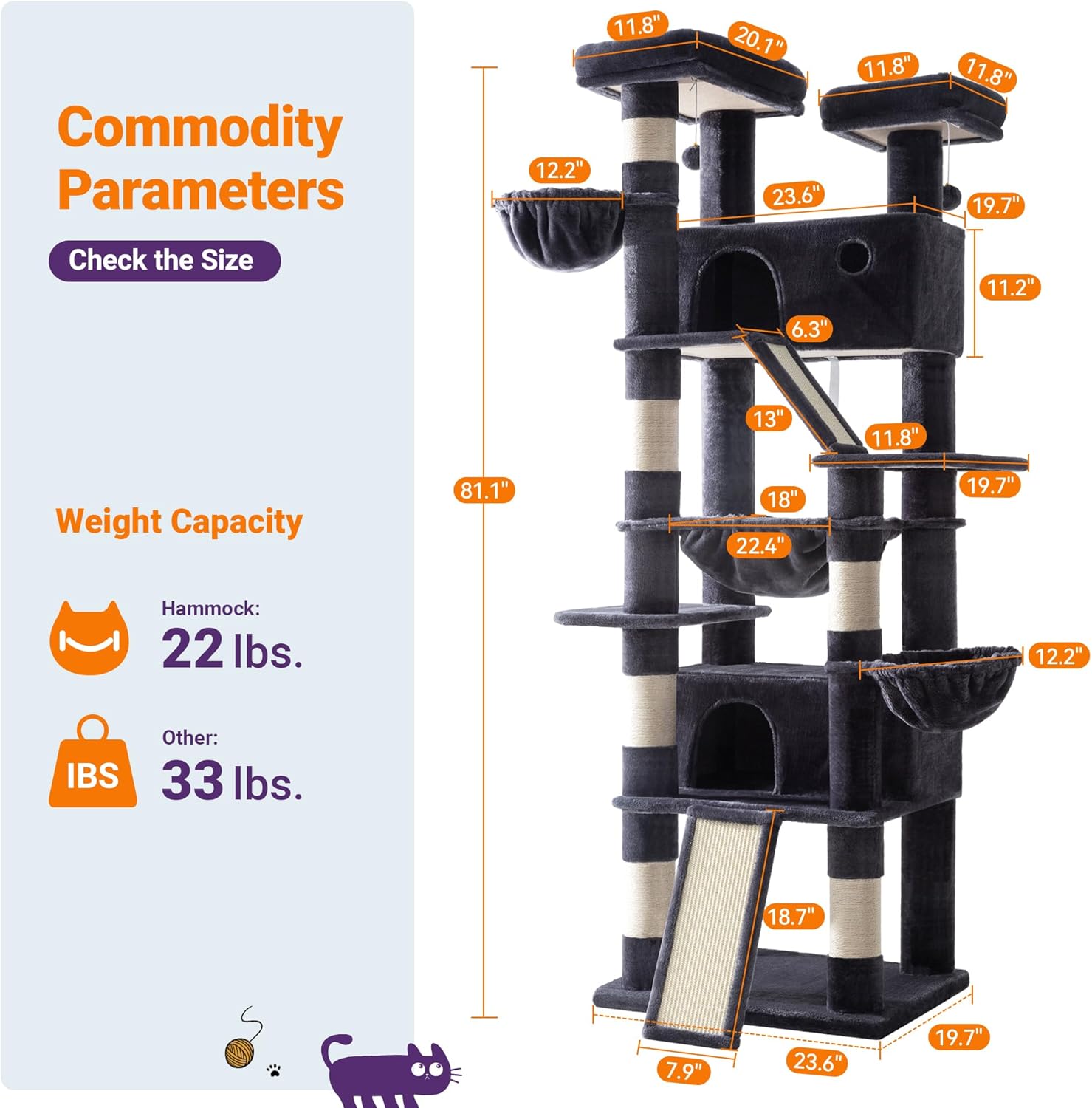 Allewie 81 Inches Tall Cat Tree/Multi-Level Large Climbing Tree House and Towers for Big Feline/Condo and Hammock/Scratching Post/Wide Base/Dark Grey - Image 3