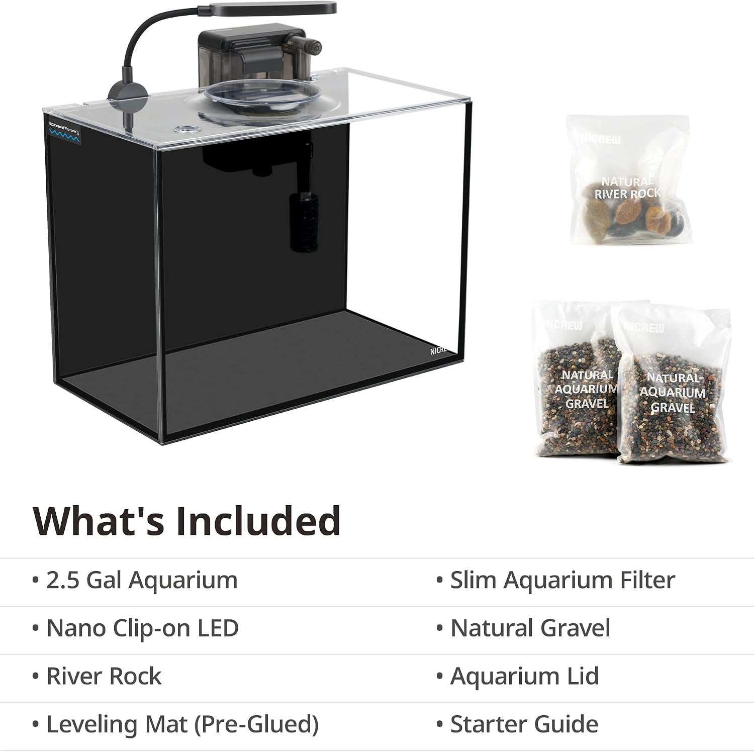 NICREW 2.5 Gallon Nano Nature Aquarium Kit, Ultra-Clear Rimless Desktop Fish Tank with Light, Filter, Gravel and Rock, Perfect for Small Fish, Shrimp, or Betta, Complete Version, Black - Image 6