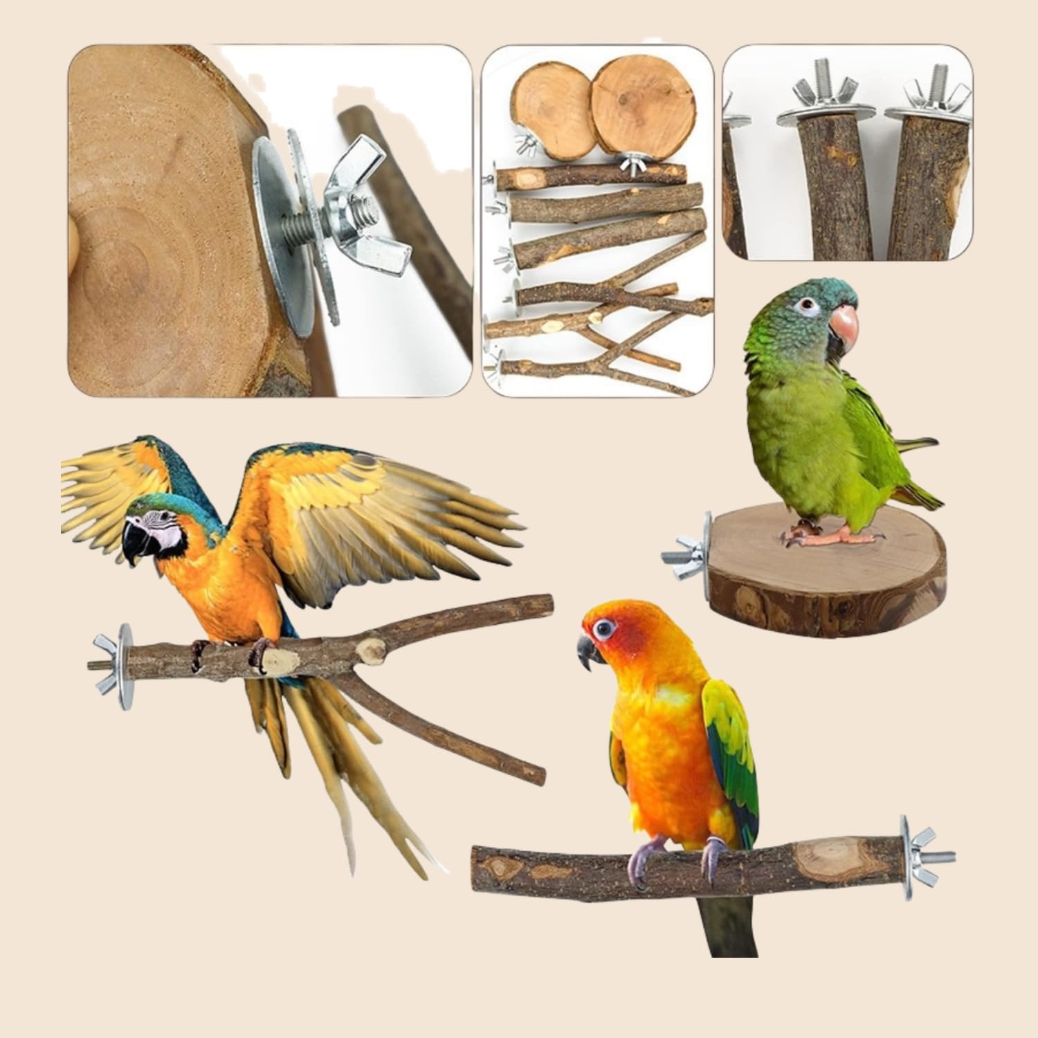 8-Piece Set Natural Wood Bird Perches - Wooden Parrot Stand with Fork Toys, Hanging Multi-Branch Platform, Hammock Swing - Suitable for Parakeets, Budgies - Durable Pet Bird Accessories - Image 3