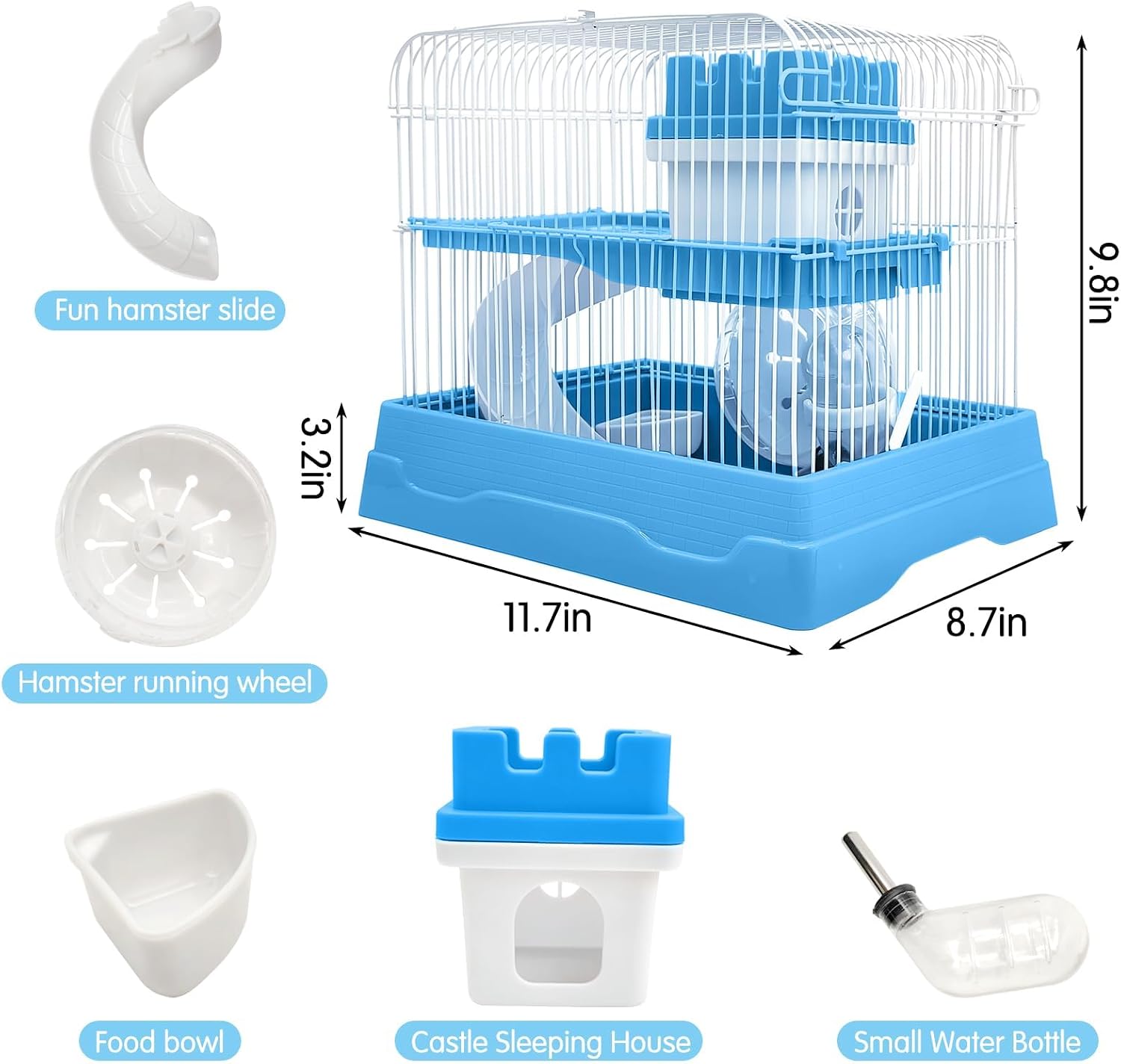 PINVNBY 2-Tier Dwarf Hamster Cage, Travel Portable Guinea Pig Cages Rat Cage and Habitats Small Animal Carrier with Castle House Exercise Wheels, Water Bottle and Food Dish(Blue) - Image 2