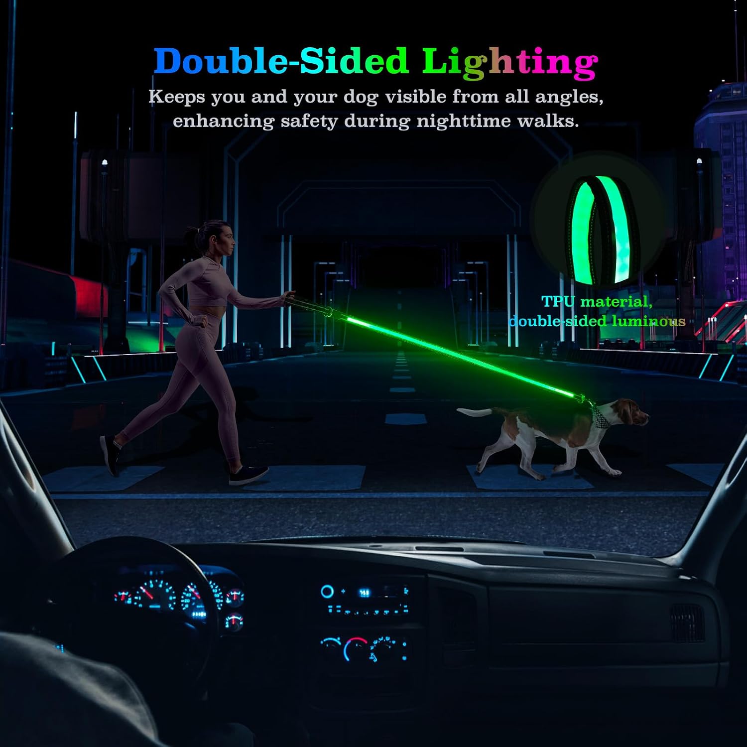 4 Ft LED Dog Leash, Light Up & Lighted Dog Leash, 7 Lighting Modes, Glow in The Dark, Reflective, Double-Sided Light, Rechargeable with Padded Handle for Night Walking Safety, Small to Large Pets - Image 2